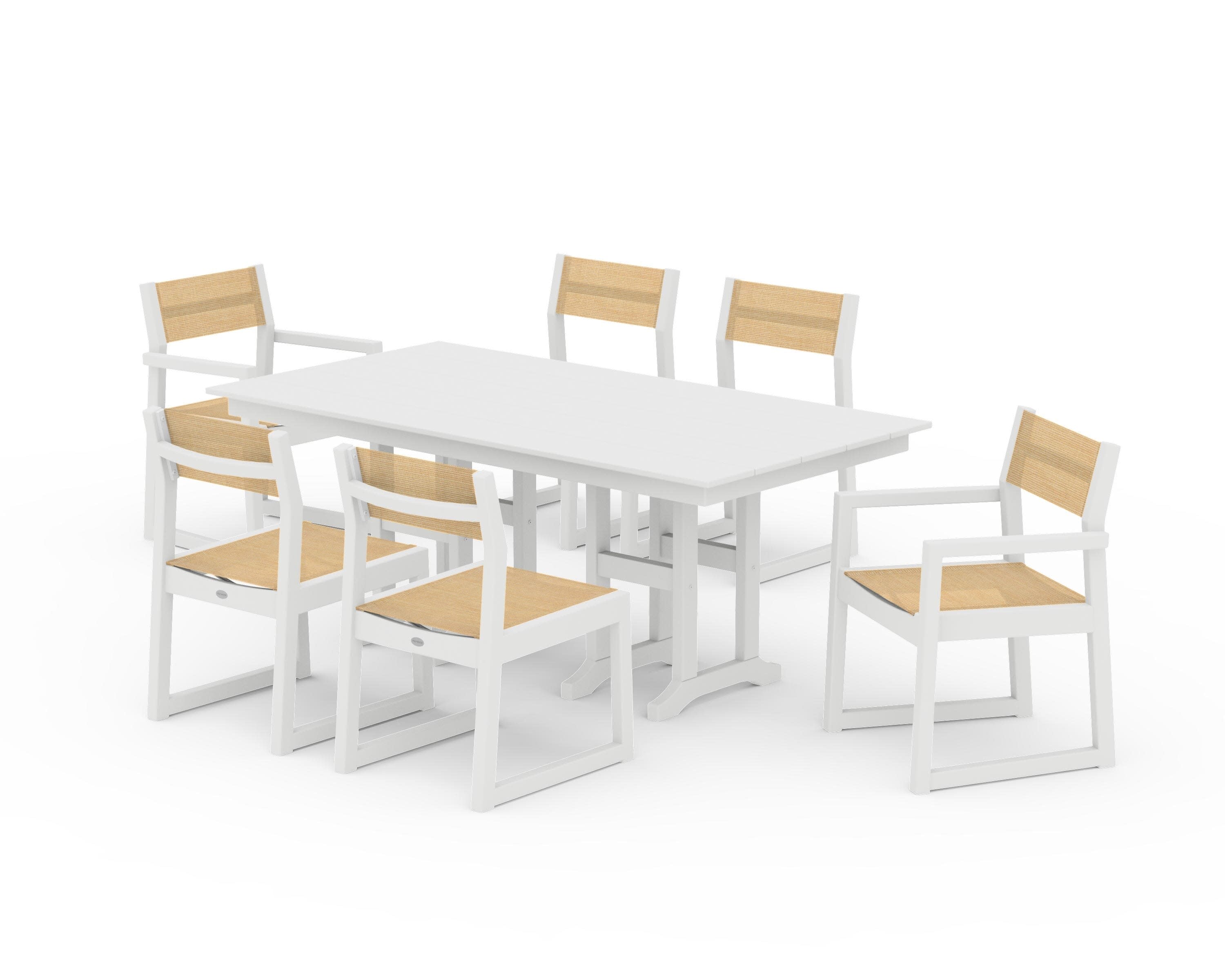 EDGE Sling 7-Piece Farmhouse Dining Set in White / Dupioni Apricot Sling