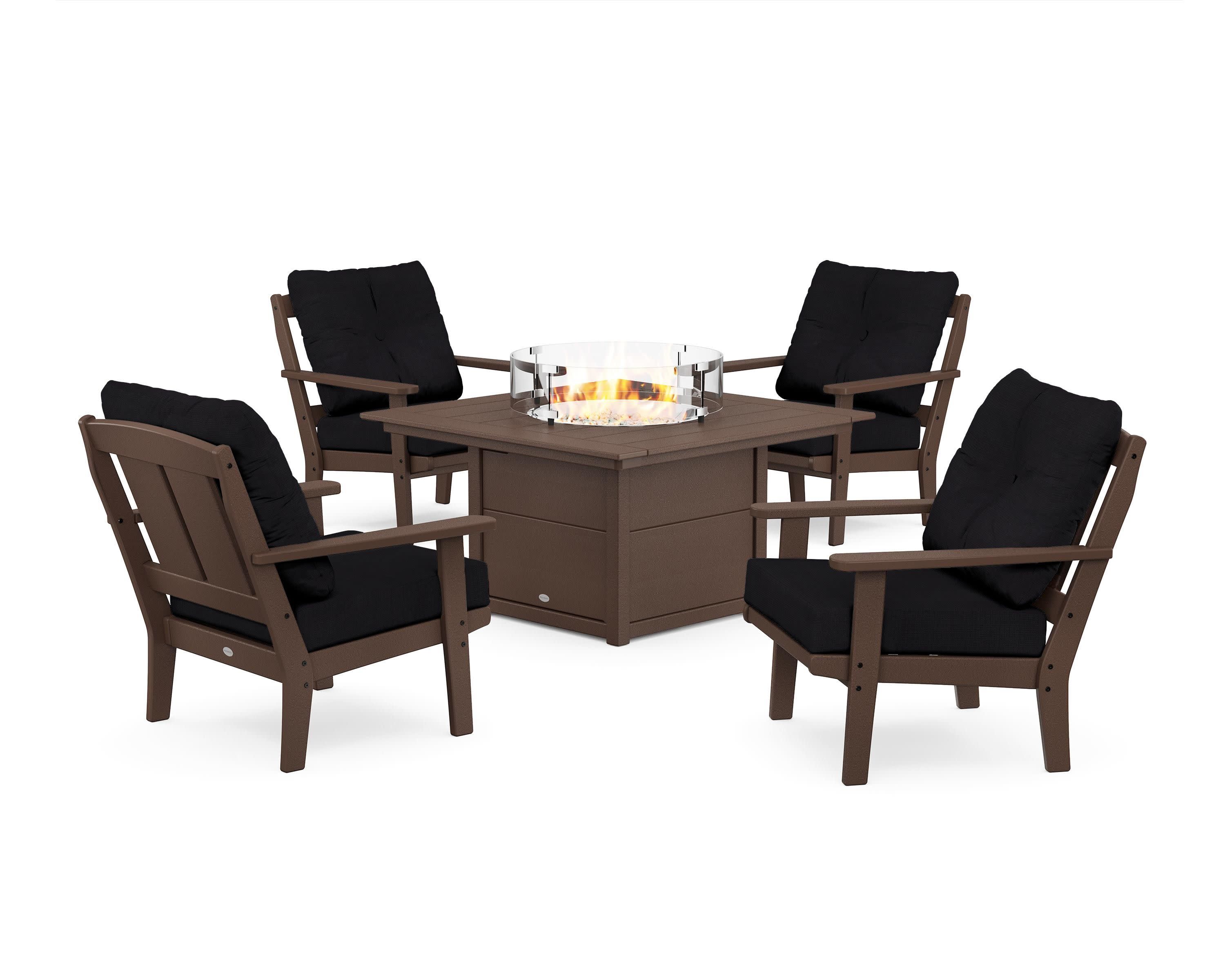 Mission 5-Piece Deep Seating Set with Fire Pit Table in Mahogany / Midnight Linen