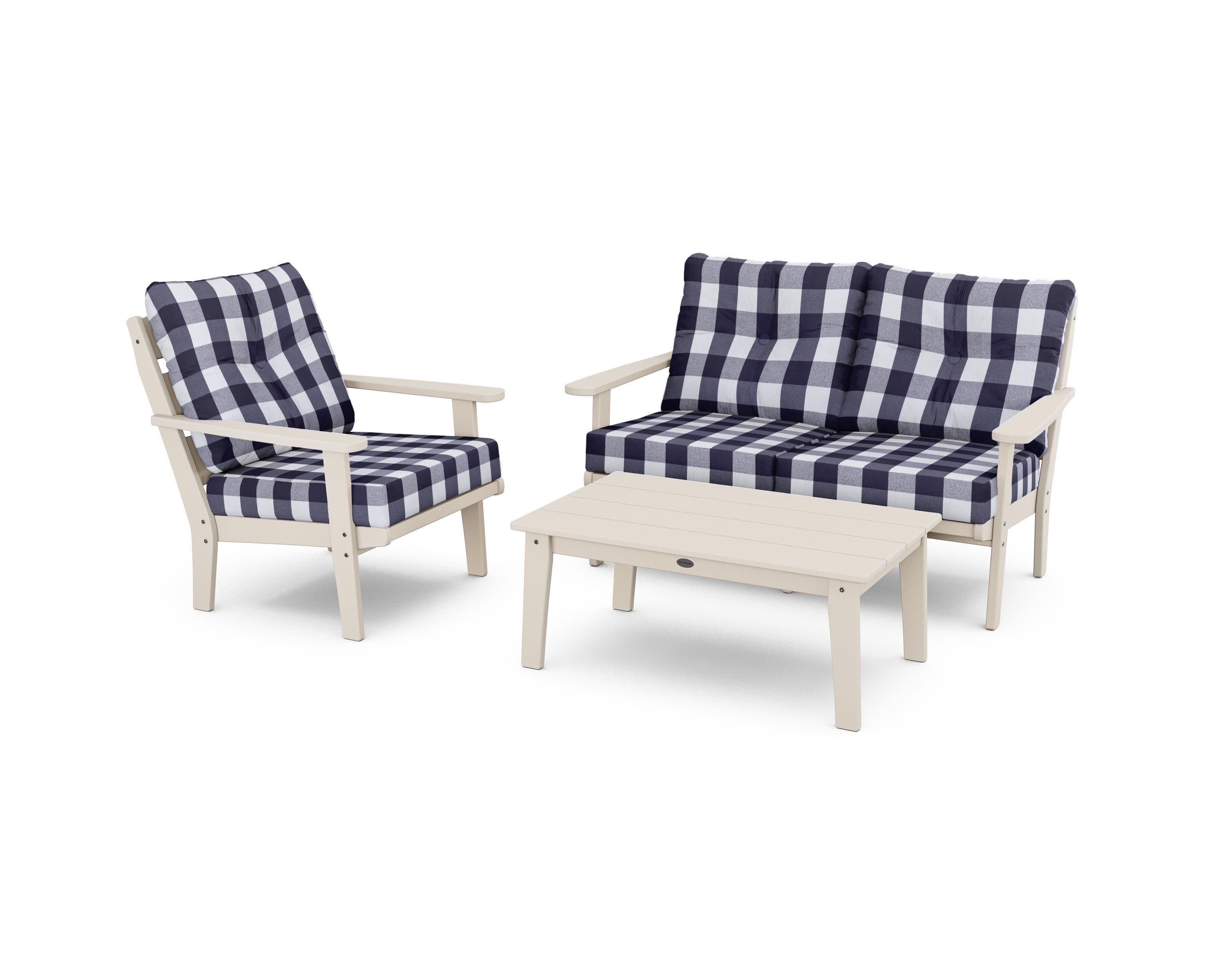 Lakeside 3-Piece Deep Seating Set in Sand / Buffalo Plaid Navy