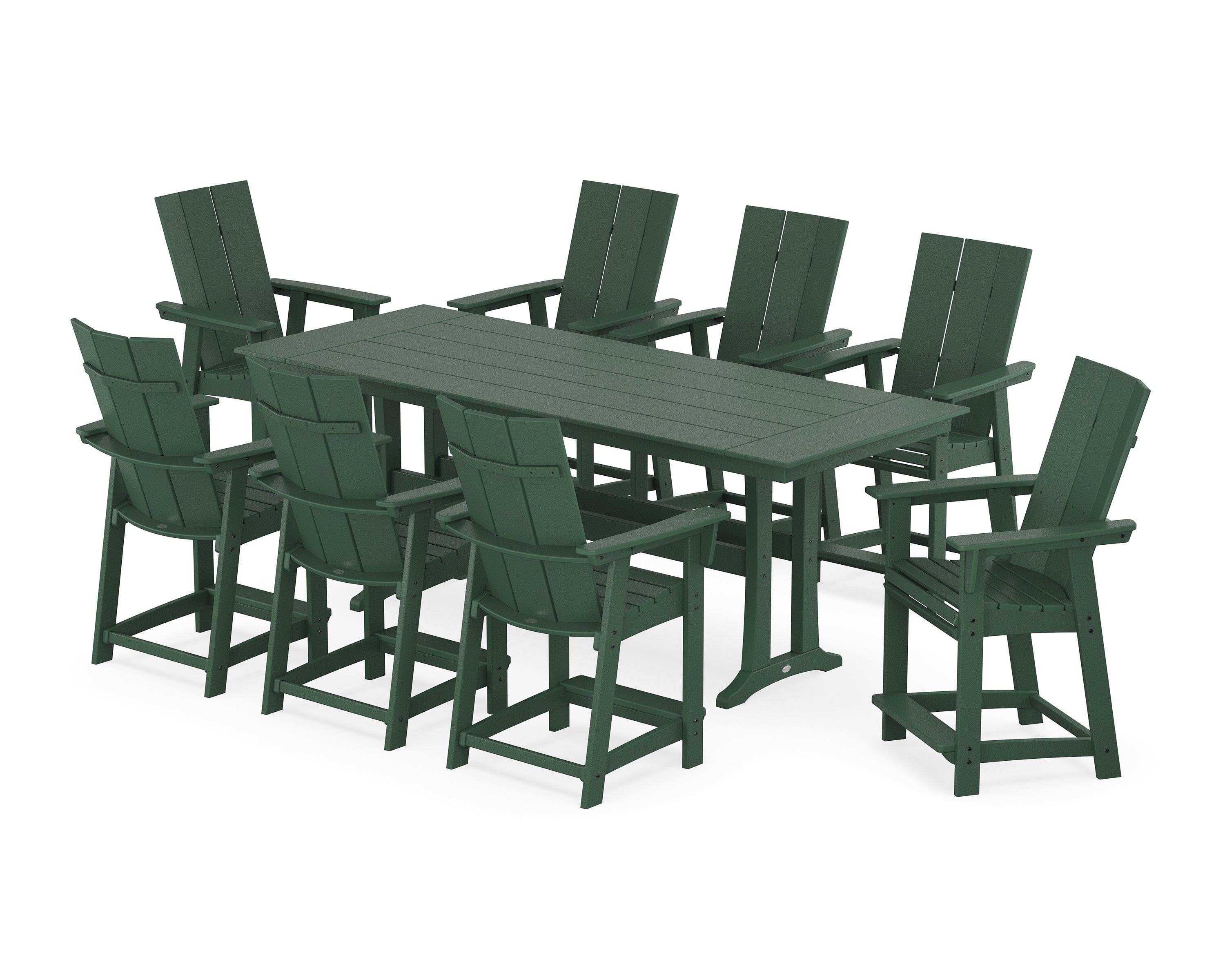 Modern Curveback Adirondack 9-Piece Farmhouse Counter Set with Trestle Legs in Green