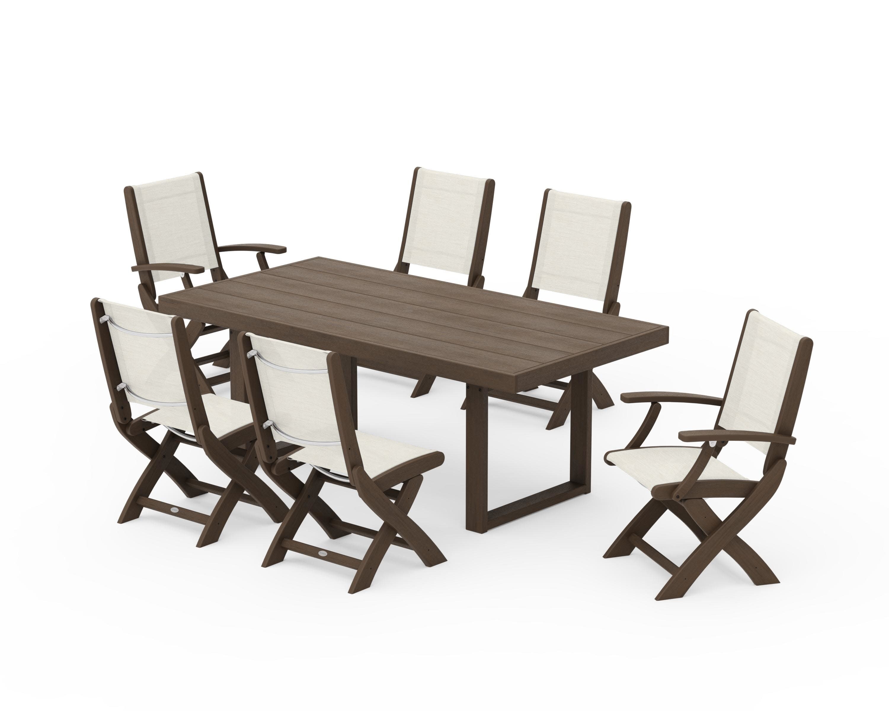 Coastal Folding Chair 7-Piece Dining Set with Trestle Legs in Kona / Parchment Sling