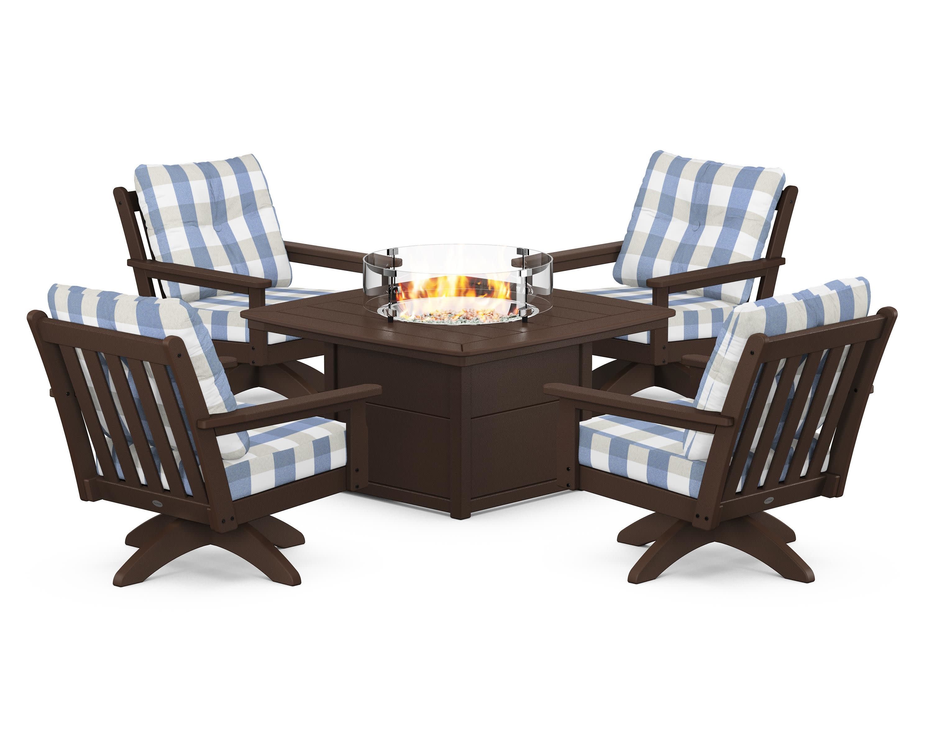 Vineyard 5-Piece Deep Seating Swivel Conversation Set with Fire Pit Table in Mahogany / Buffalo Plaid Sky Blue