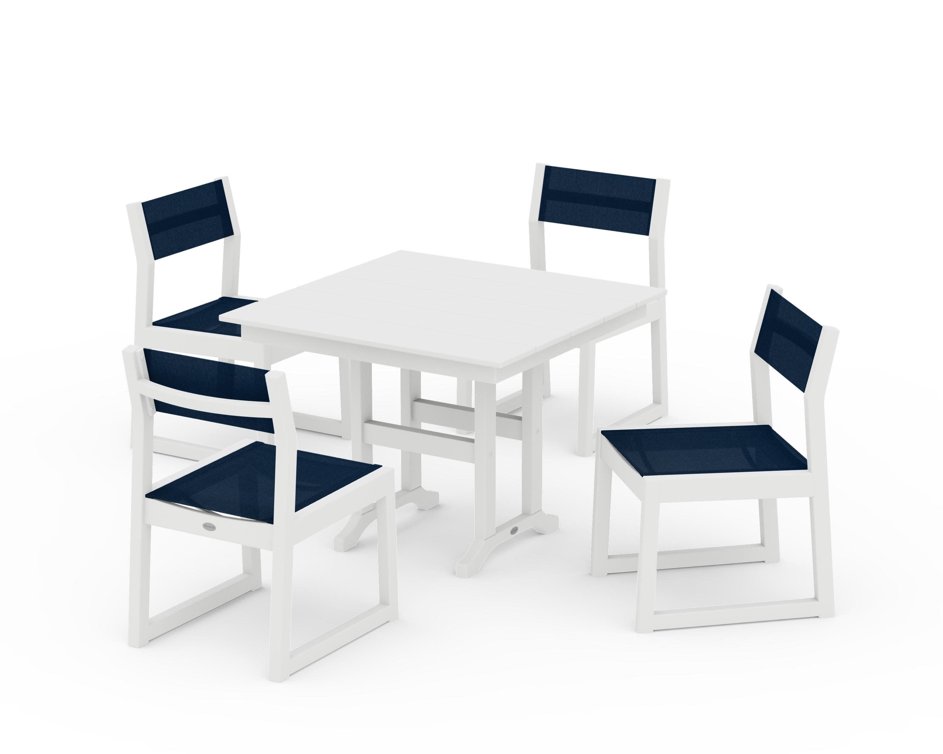 EDGE Sling Side Chair 5-Piece Farmhouse Dining Set in White / Navy Blue Sling