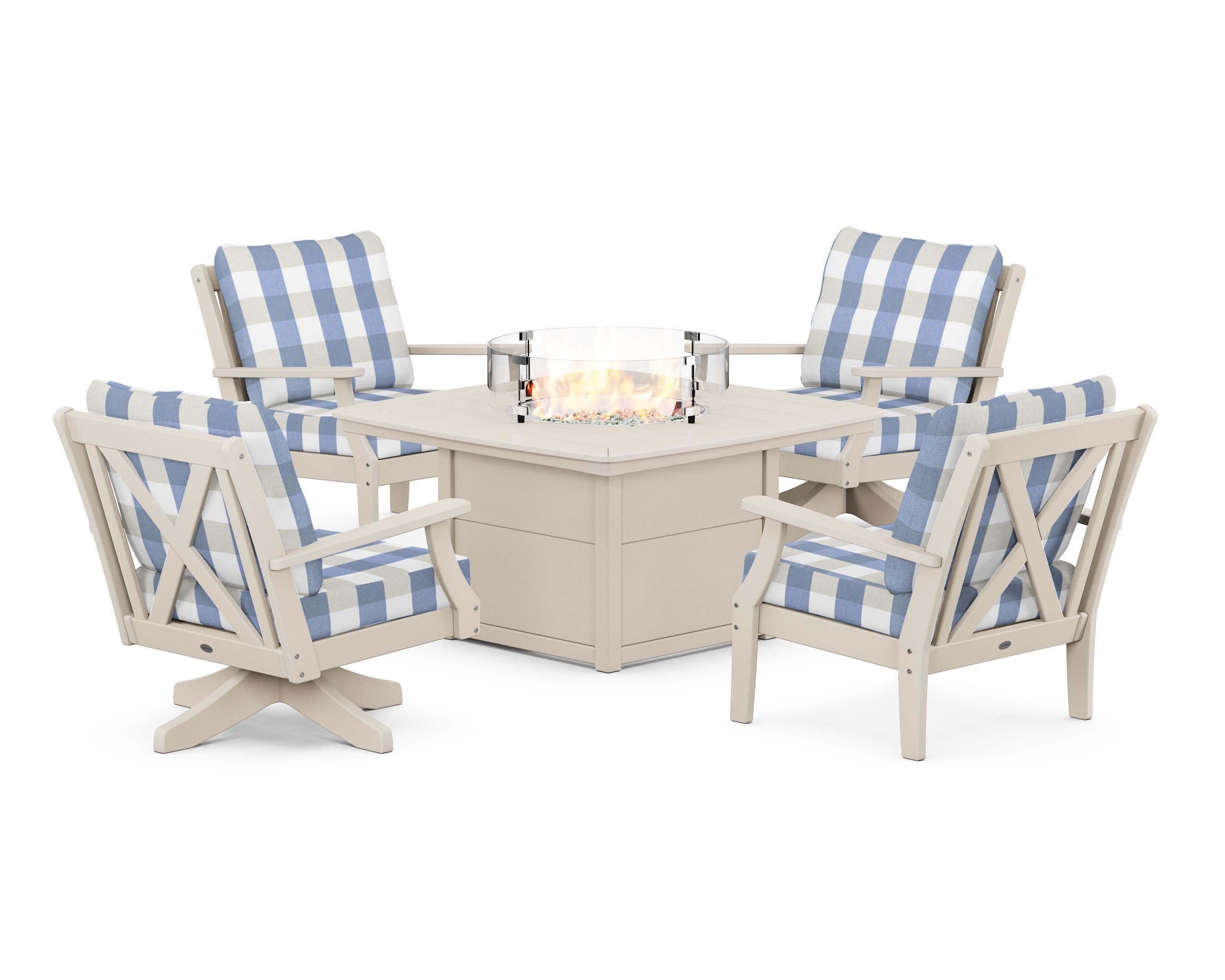Braxton 5-Piece Deep Seating Set with Fire Table in Sand / Buffalo Plaid Sky Blue