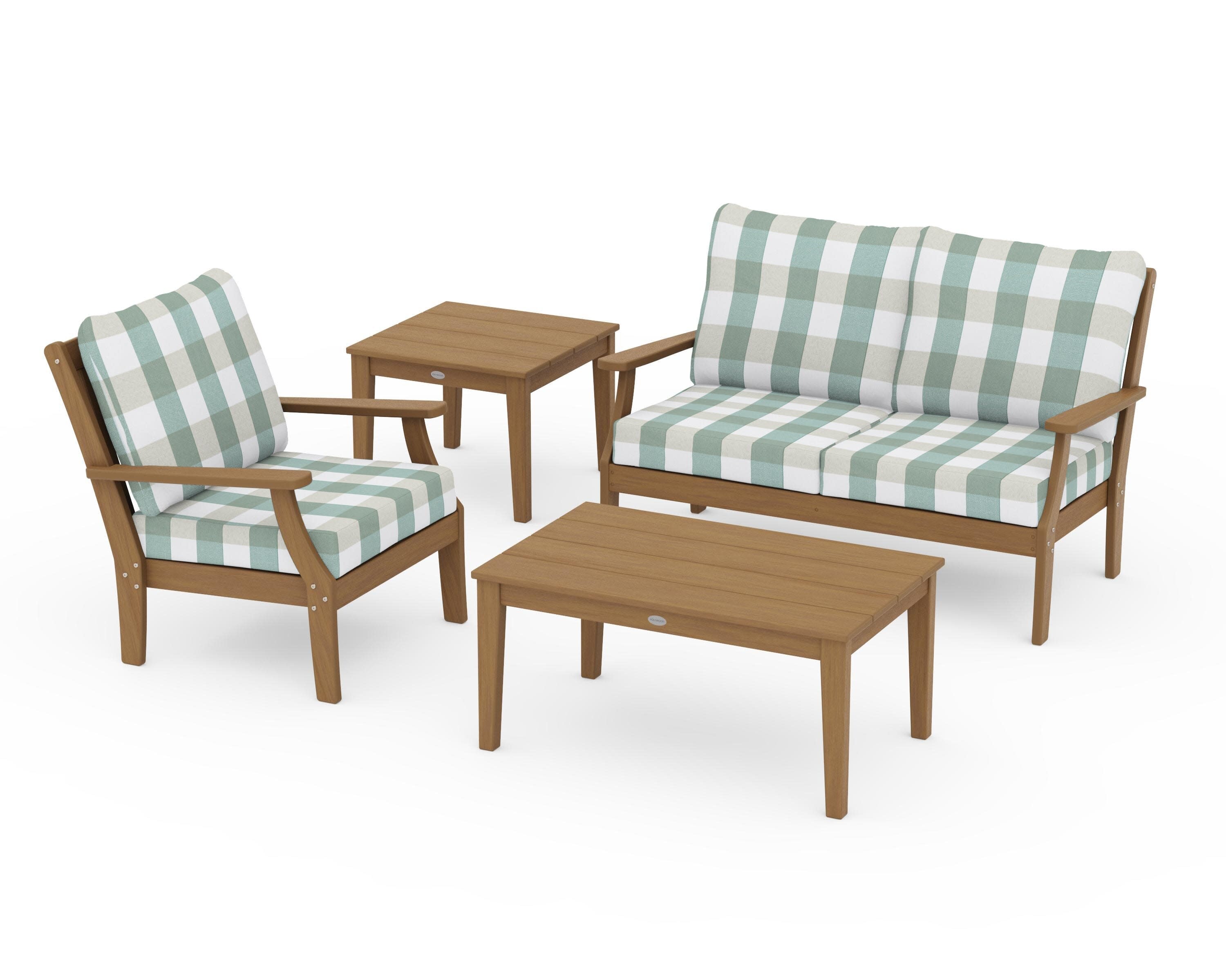 Braxton 4-Piece Deep Seating Set in Natural / Buffalo Plaid Glacier Spa