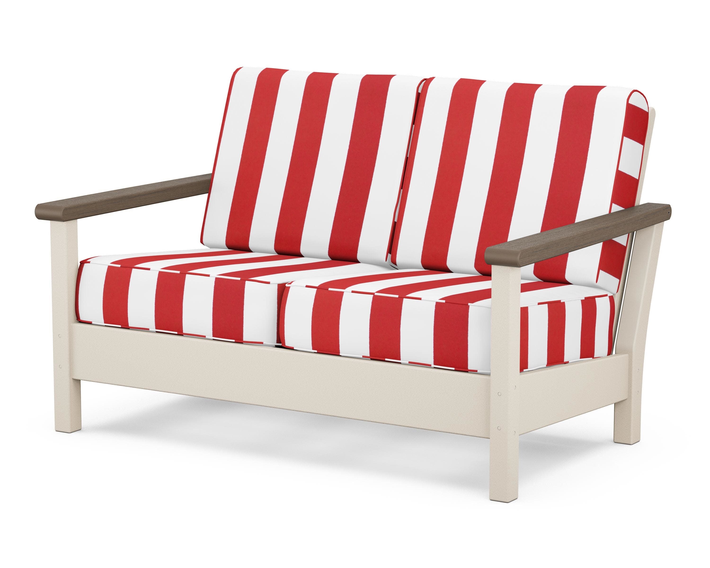 Harbour Deep Seating Loveseat in Sand / Kona / Cabana Stripe Crimson