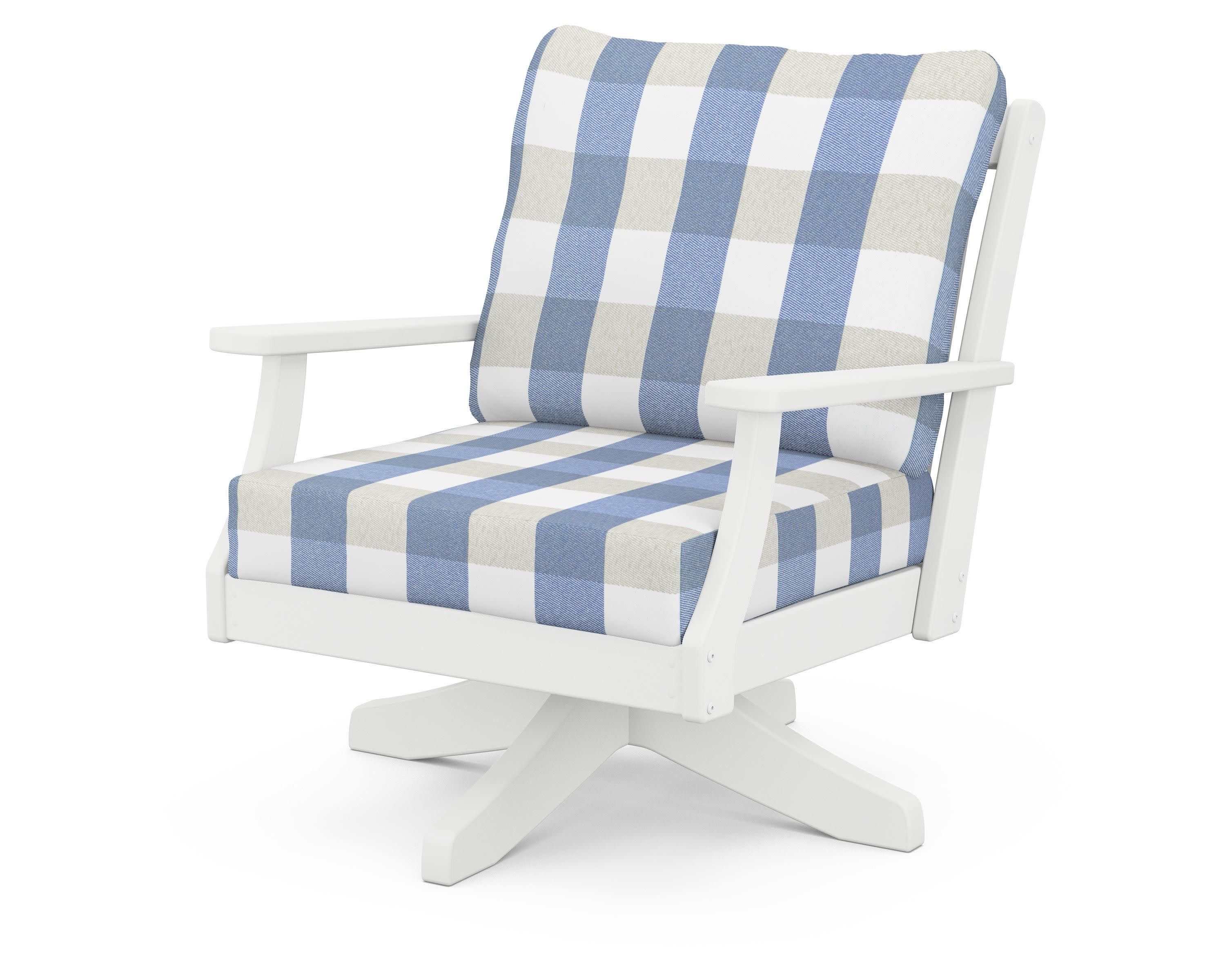 Braxton Deep Seating Swivel Chair in White / Buffalo Plaid Sky Blue