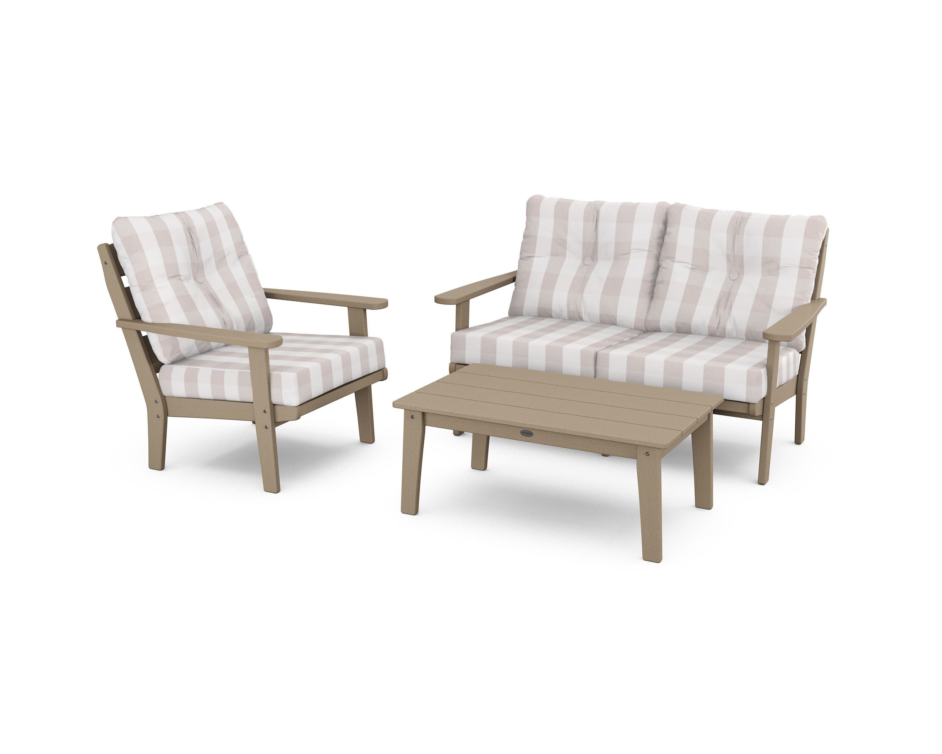 Lakeside 3-Piece Deep Seating Set in Vintage Sahara / Buffalo Plaid Dune Burlap