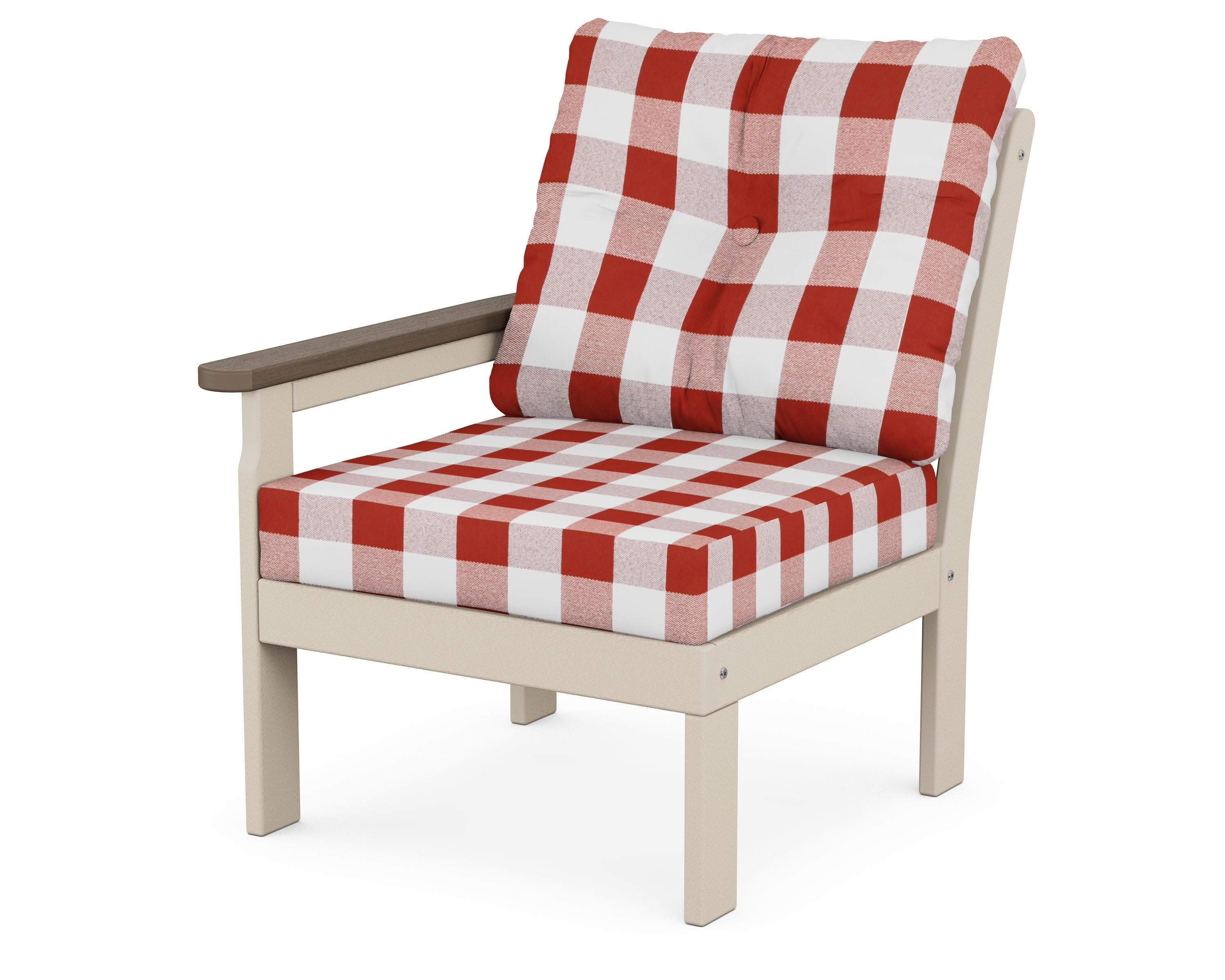 Vineyard Modular Left Arm Chair in Sand / Kona / Buffalo Plaid Crimson