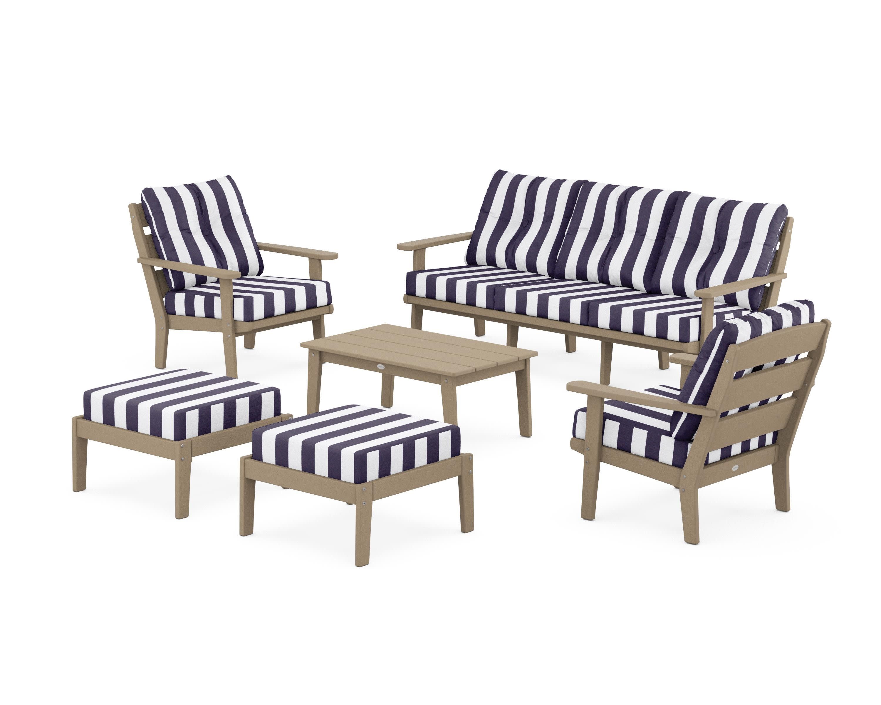 Lakeside 6-Piece Lounge Sofa Set in Vintage Sahara / Cabana Stripe Navy