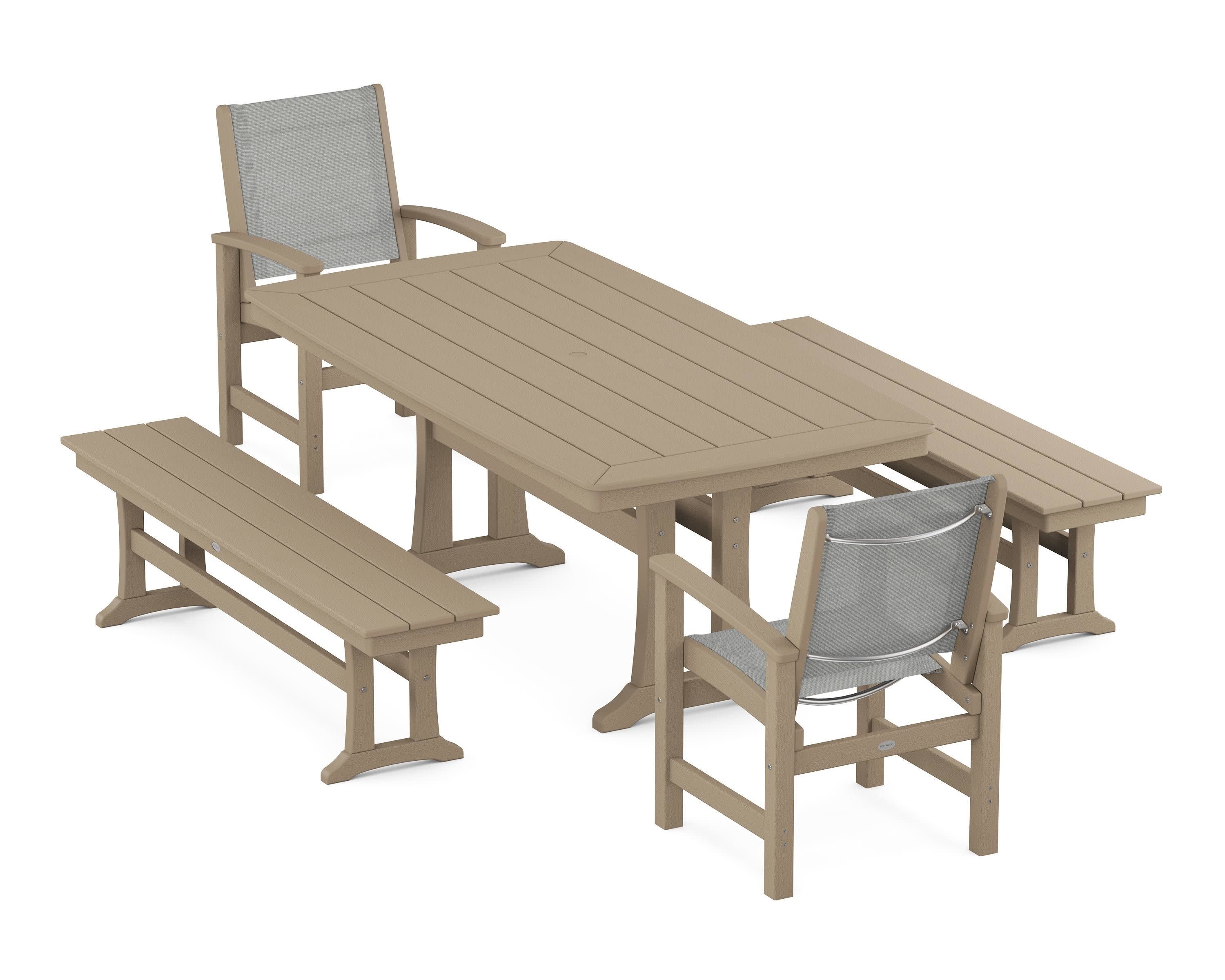 Coastal 5-Piece Dining Set with Trestle Legs and Benches in Vintage Sahara / Metallic Sling
