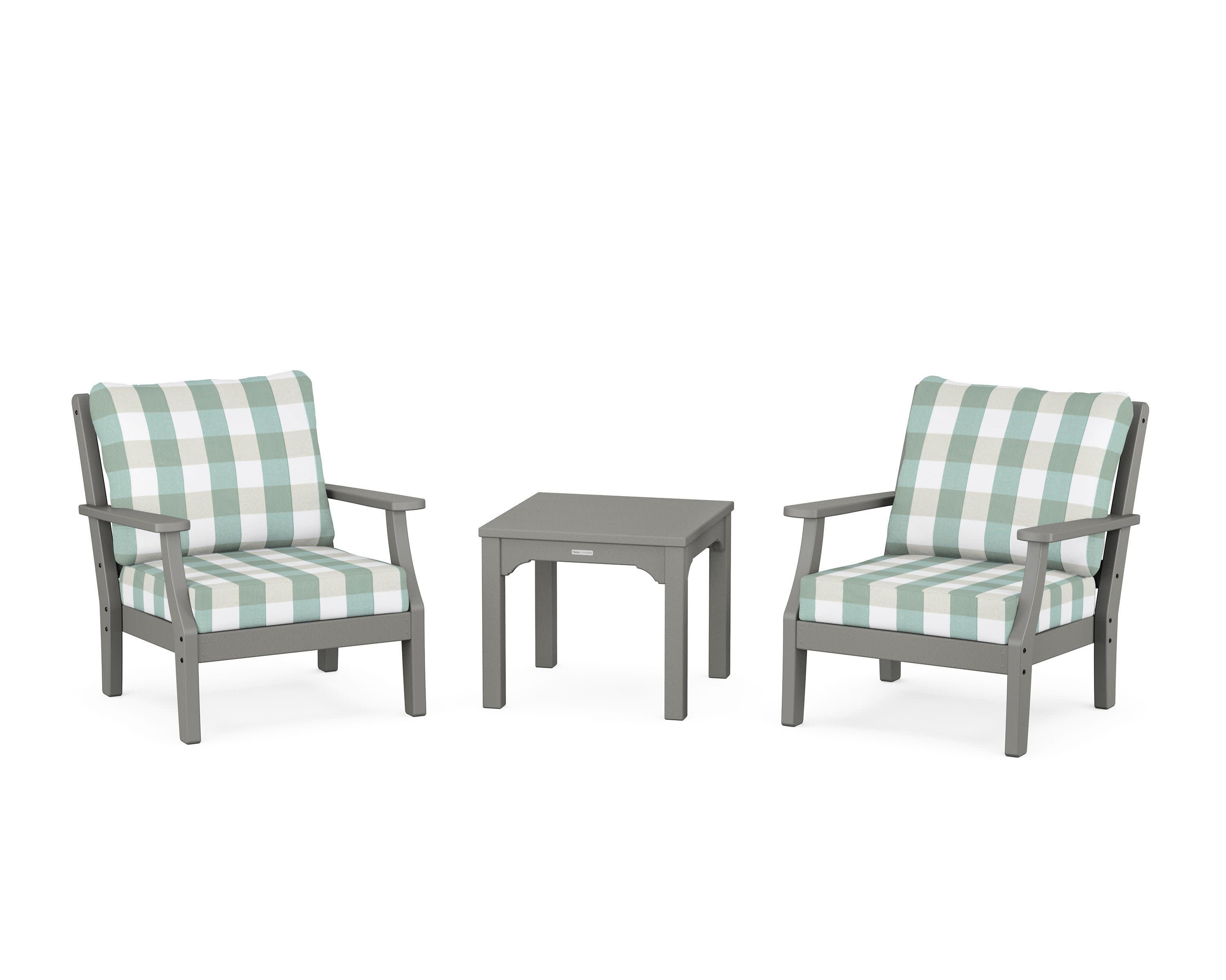 Chinoiserie 3-Piece Deep Seating Set in Slate Grey / Buffalo Plaid Glacier Spa