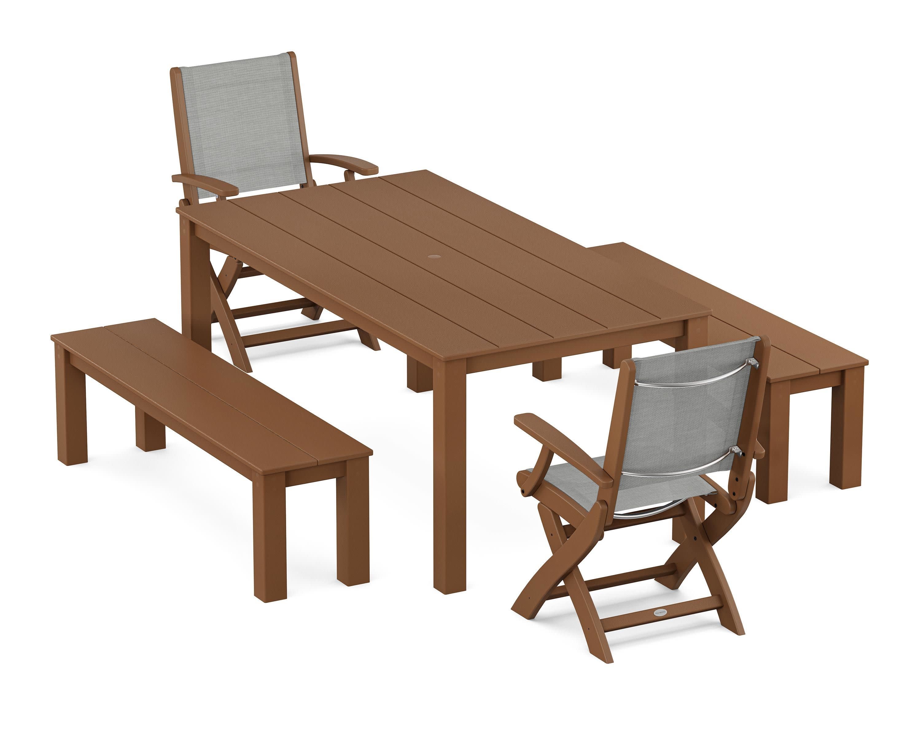 Coastal Folding Chair 5-Piece Parsons Dining Set with Benches in Teak / Metallic Sling
