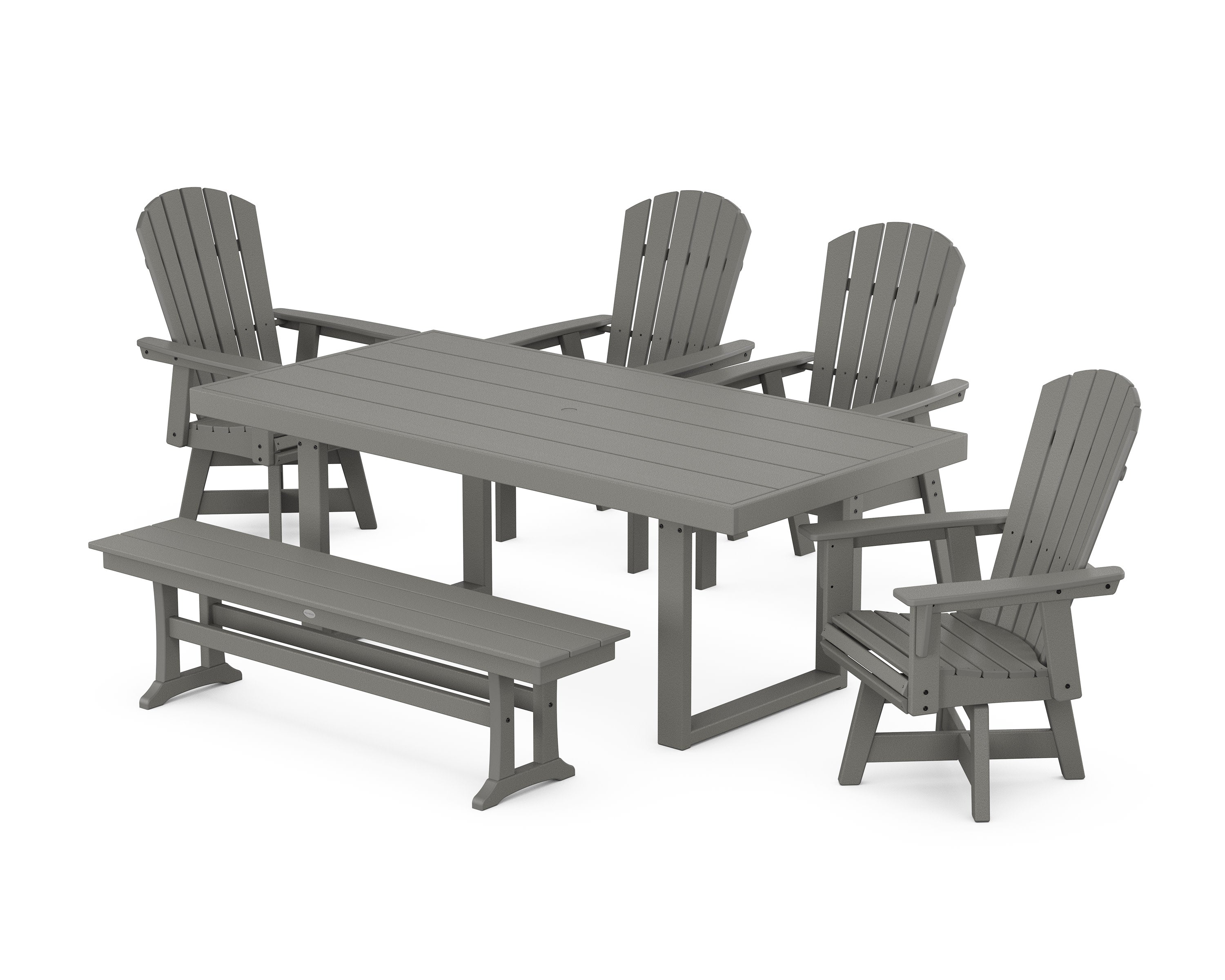 Nautical Curveback Adirondack Swivel Chair 6-Piece Dining Set with Bench in Slate Grey