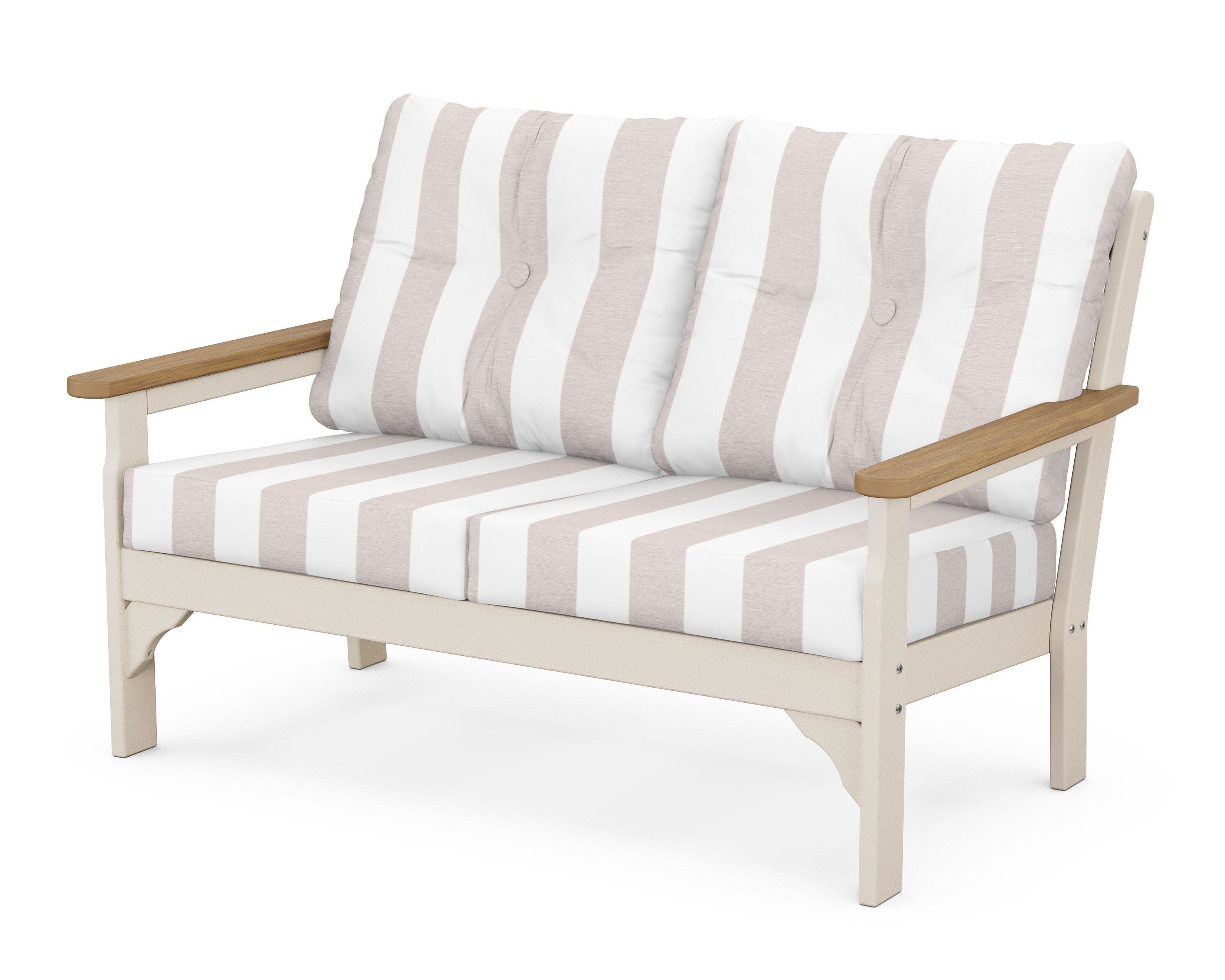 Vineyard Deep Seating Loveseat in Sand / Natural / Cabana Stripe Dune Burlap