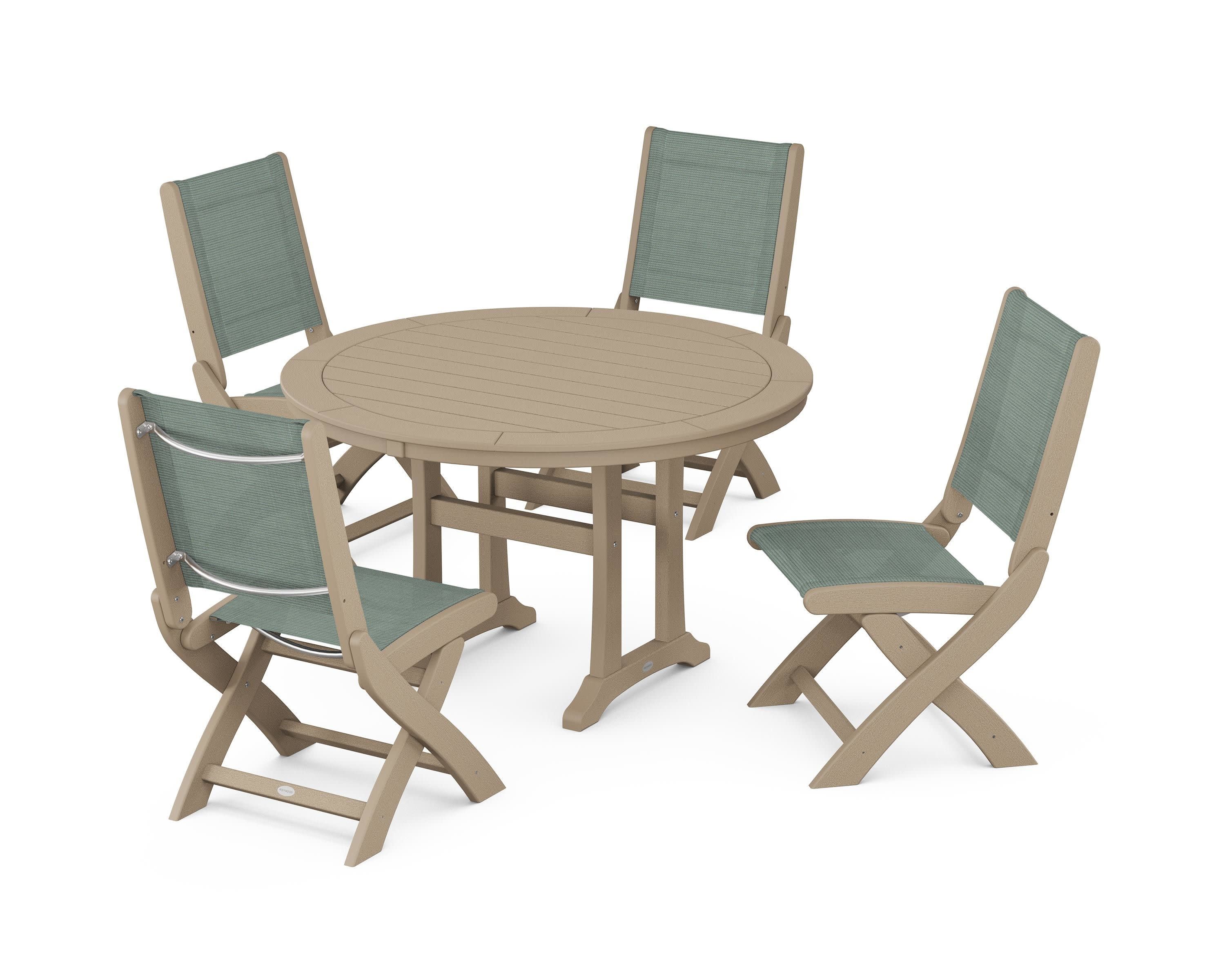 Coastal Folding Side Chair 5-Piece Round Dining Set With Trestle Legs in Vintage Sahara / Dupioni Sea Mist Sling
