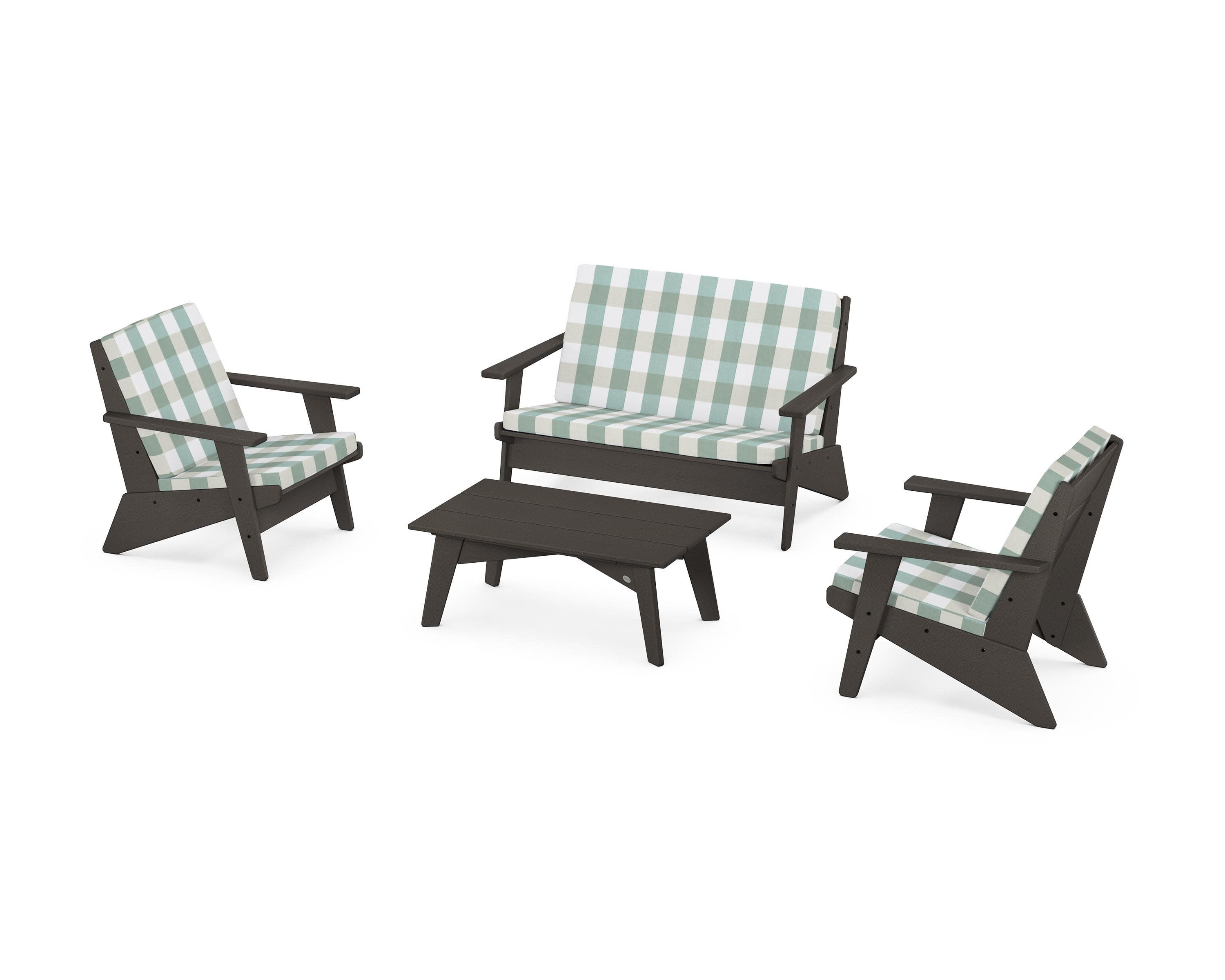 Riviera Modern Lounge 4-Piece Set in Vintage Coffee / Buffalo Plaid Glacier Spa