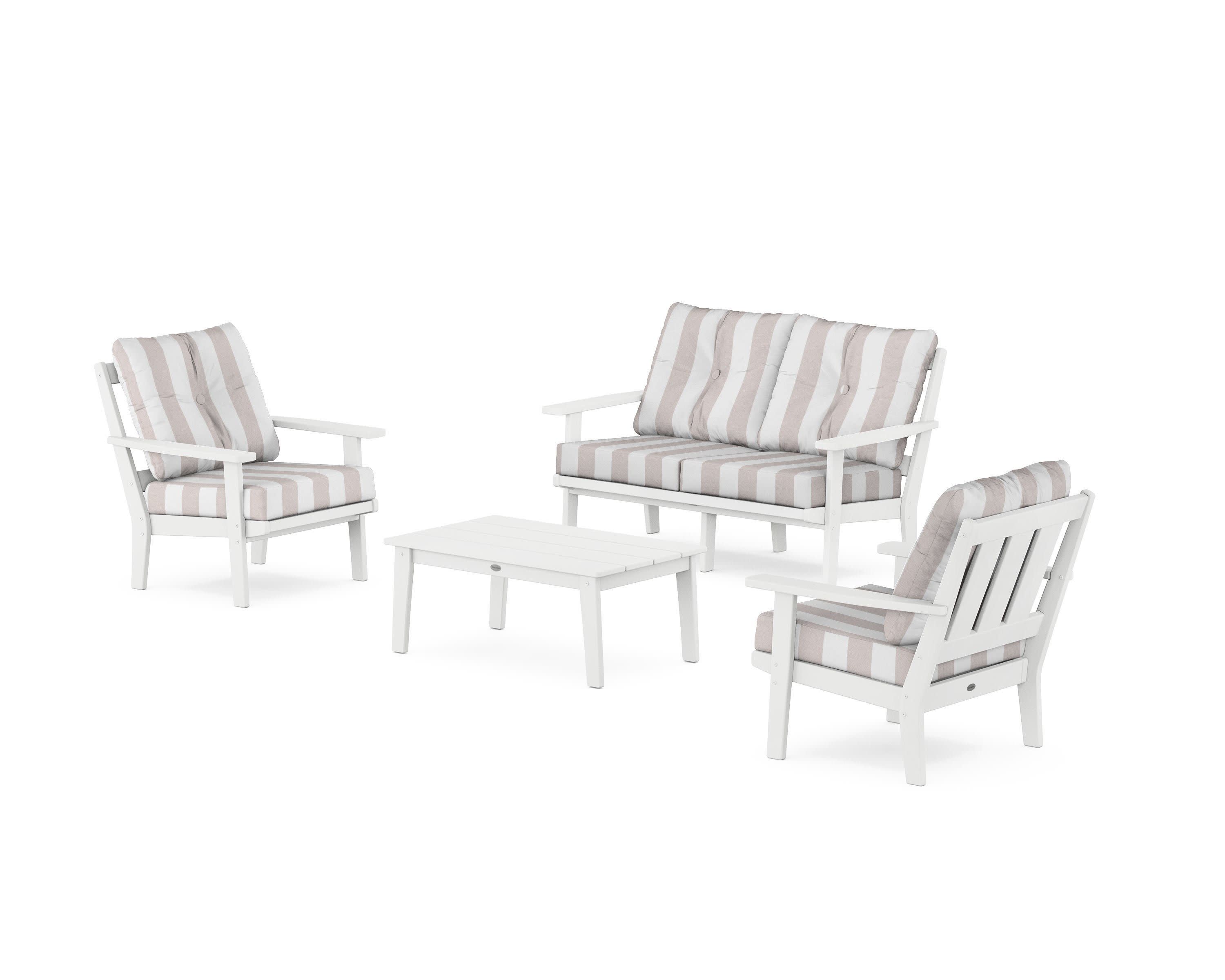 Oxford 4-Piece Deep Seating Set with Loveseat in White / Cabana Stripe Dune Burlap