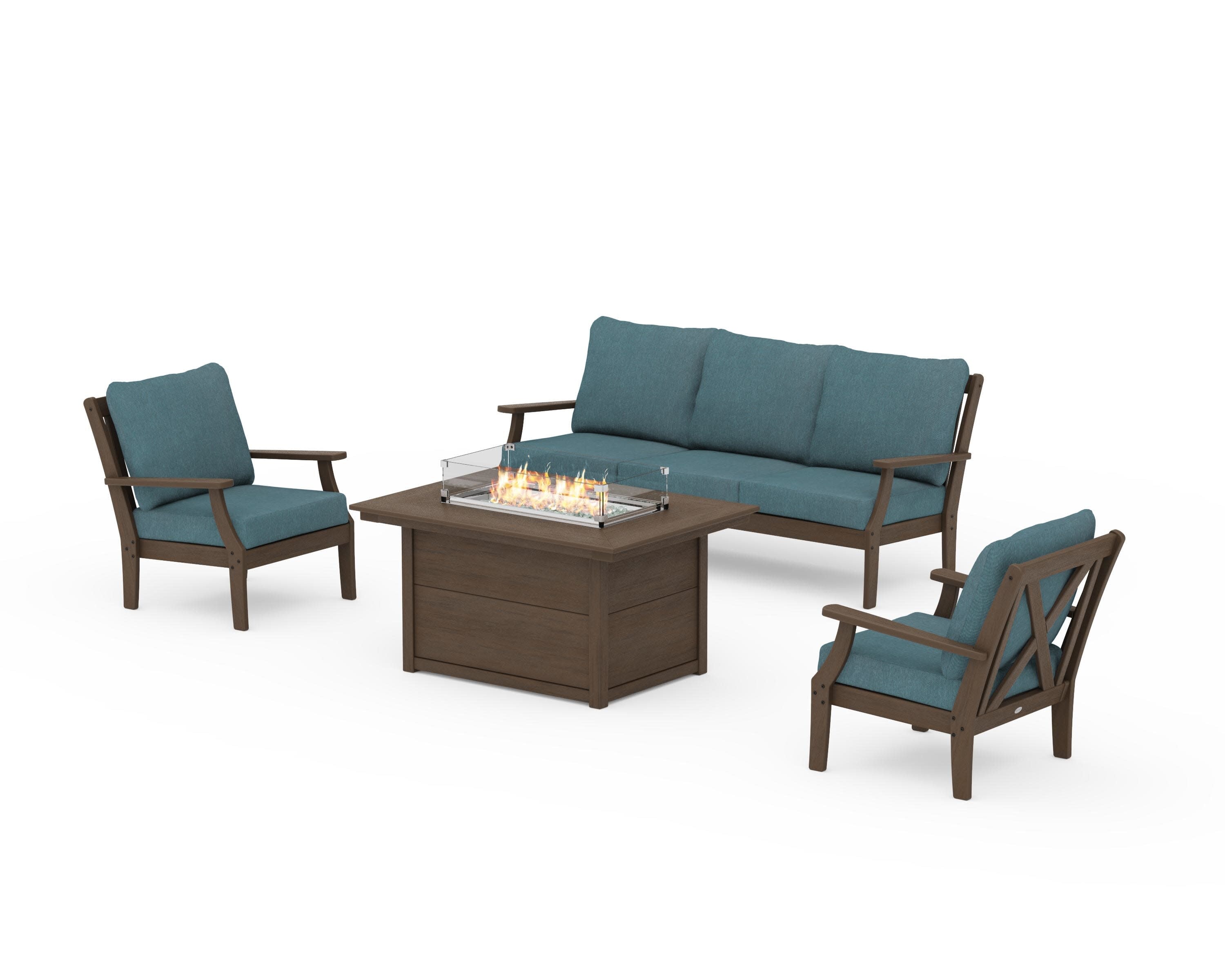 Braxton Deep Seating Fire Pit Table Set in Kona / Ocean Teal