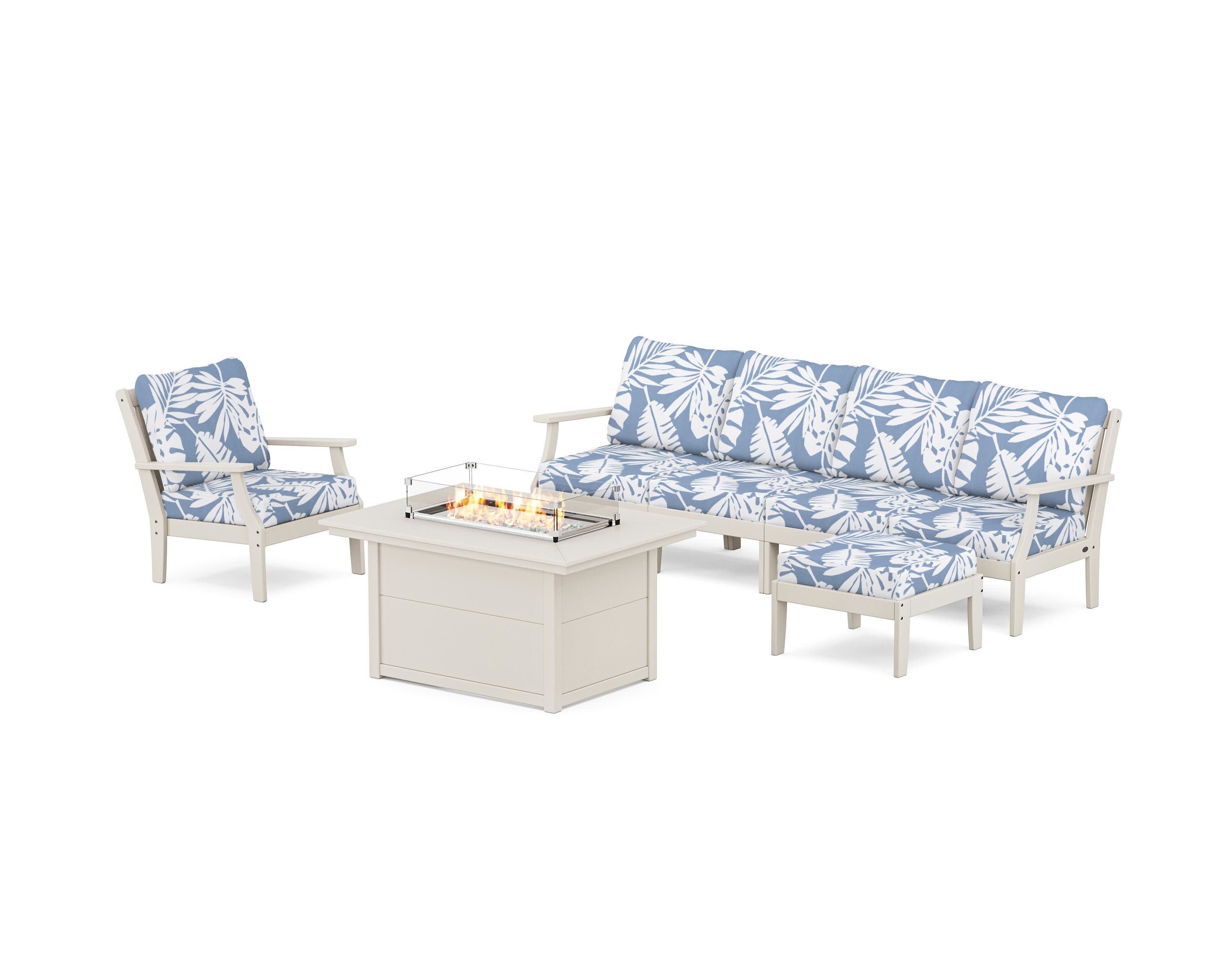 Braxton Sectional Lounge and Fire Pit Set in Sand / Leaf Sky Blue