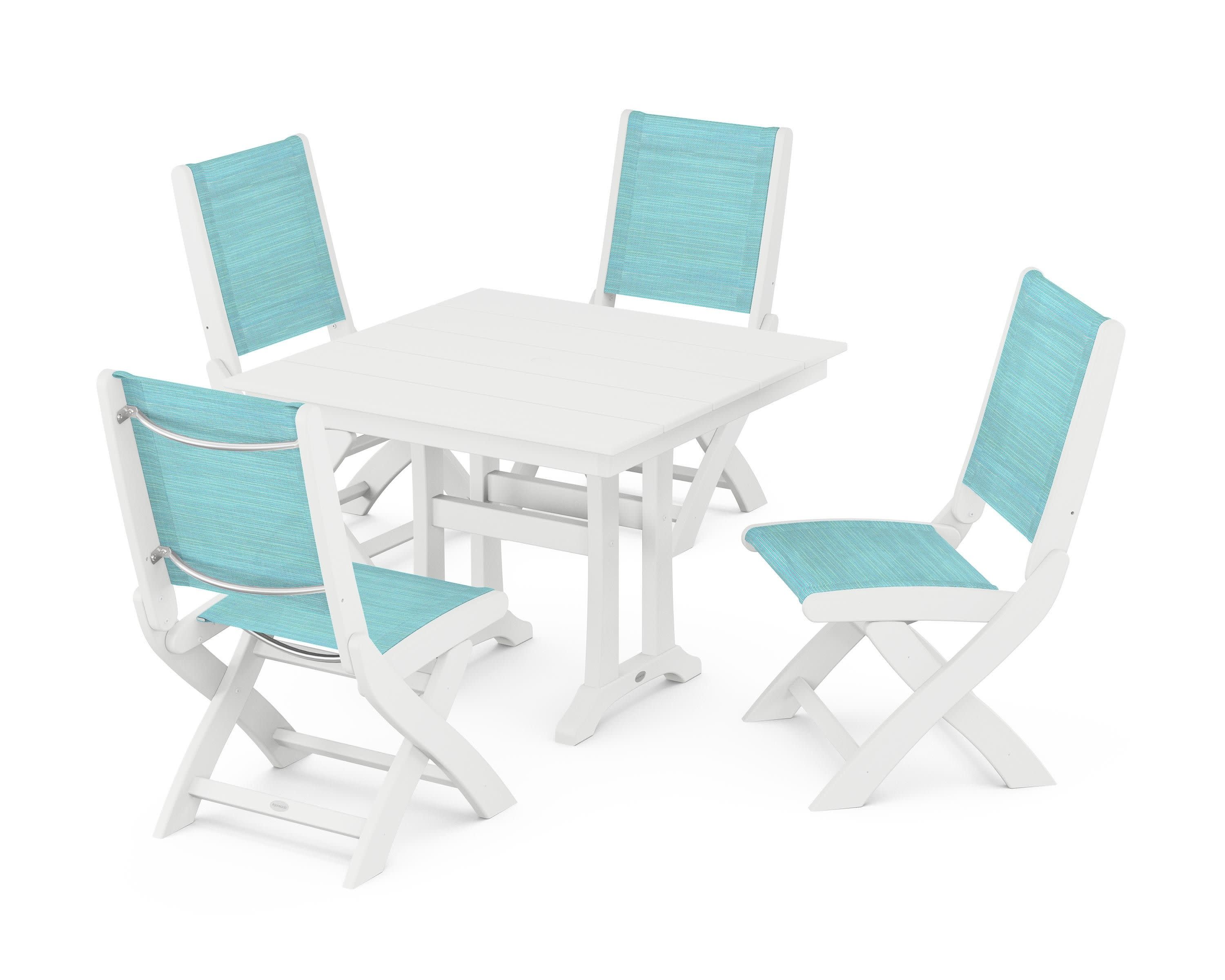 Coastal Folding Side Chair 5-Piece Farmhouse Dining Set With Trestle Legs in White / Dupioni Aquamarine Sling