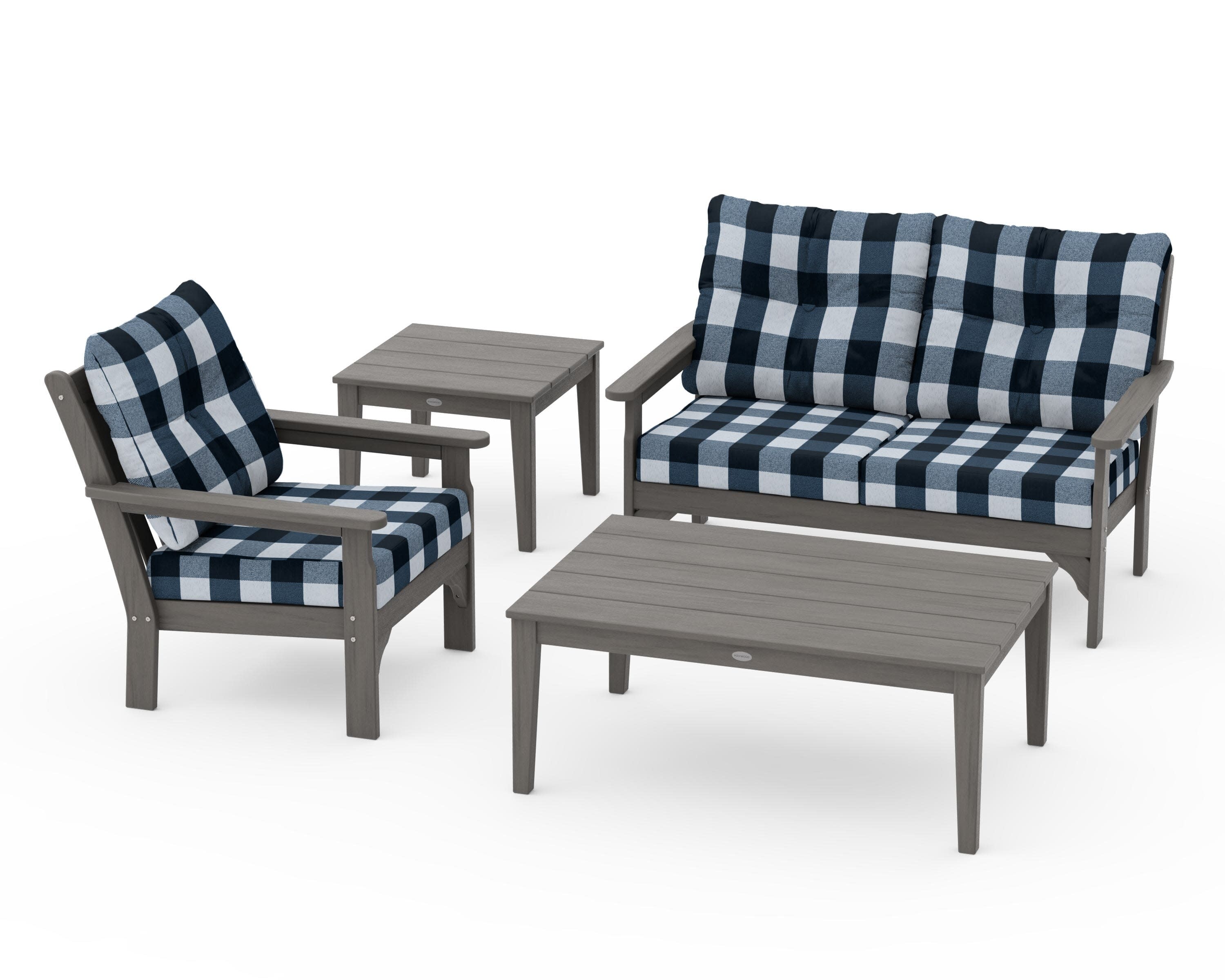 Vineyard 4-Piece Deep Seating Set in Driftwood / Buffalo Plaid Marine Indigo