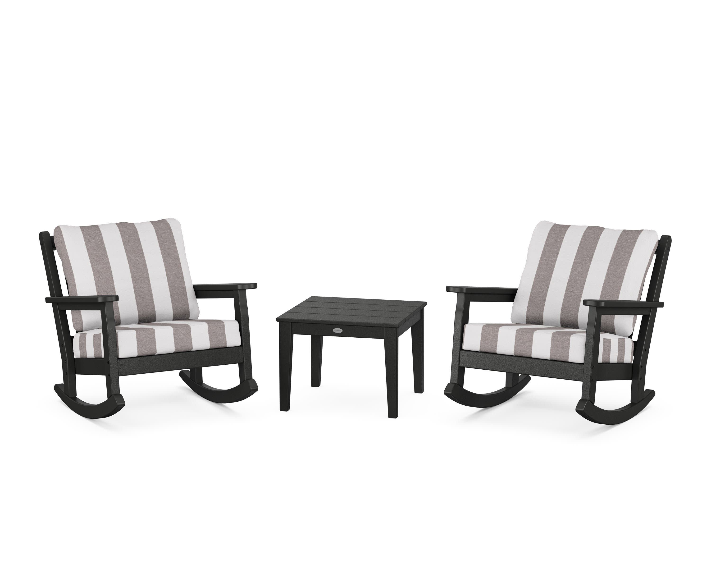 Chippendale 3-Piece Deep Seating Rocker Set in Black / Cabana Stripe Grey Mist