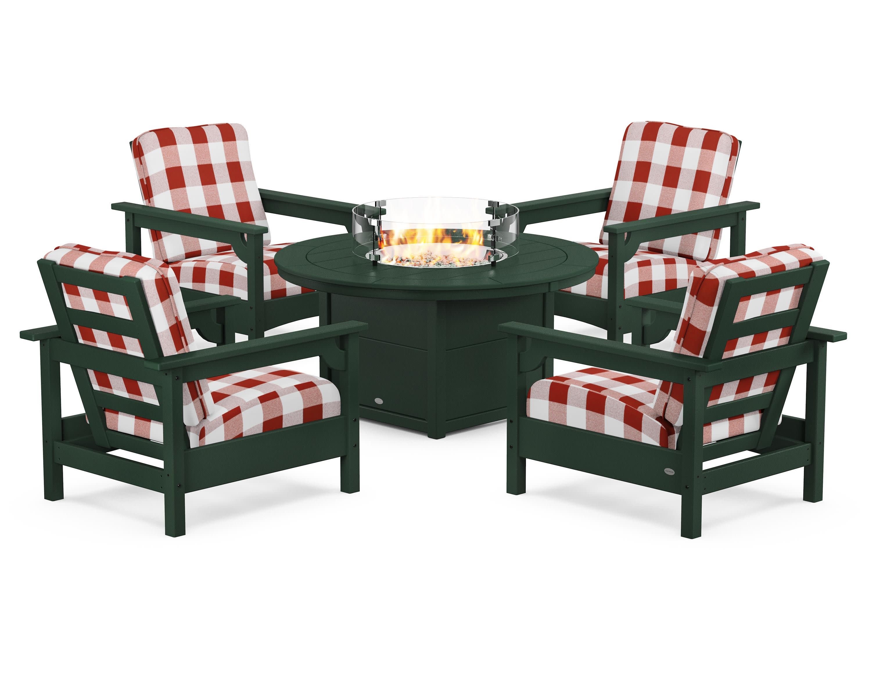 Club 5-Piece Conversation Set with Fire Pit Table in Green / Buffalo Plaid Crimson
