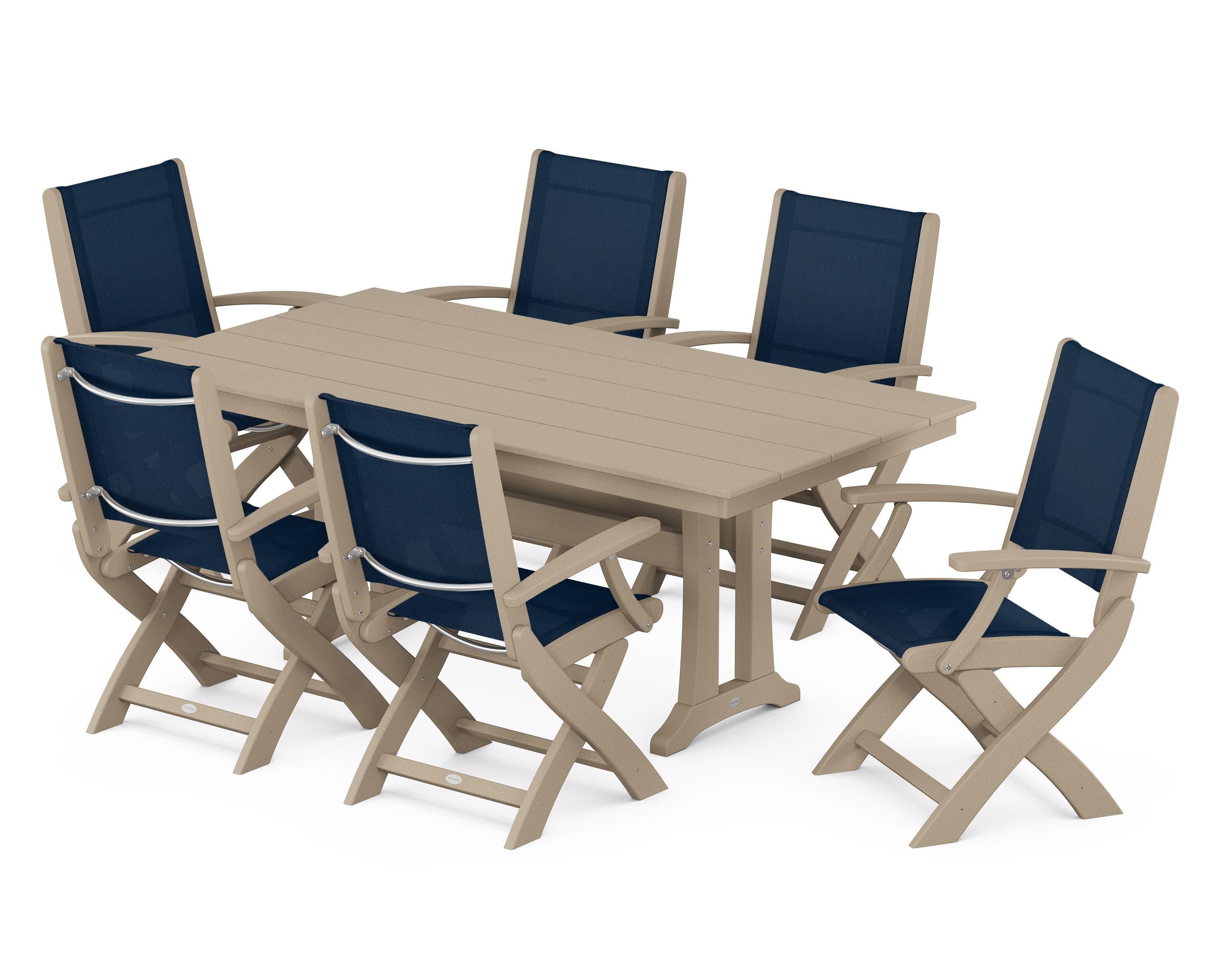 Coastal Folding Arm Chair 7-Piece Farmhouse Dining Set with Trestle Legs in Vintage Sahara / Navy Blue Sling