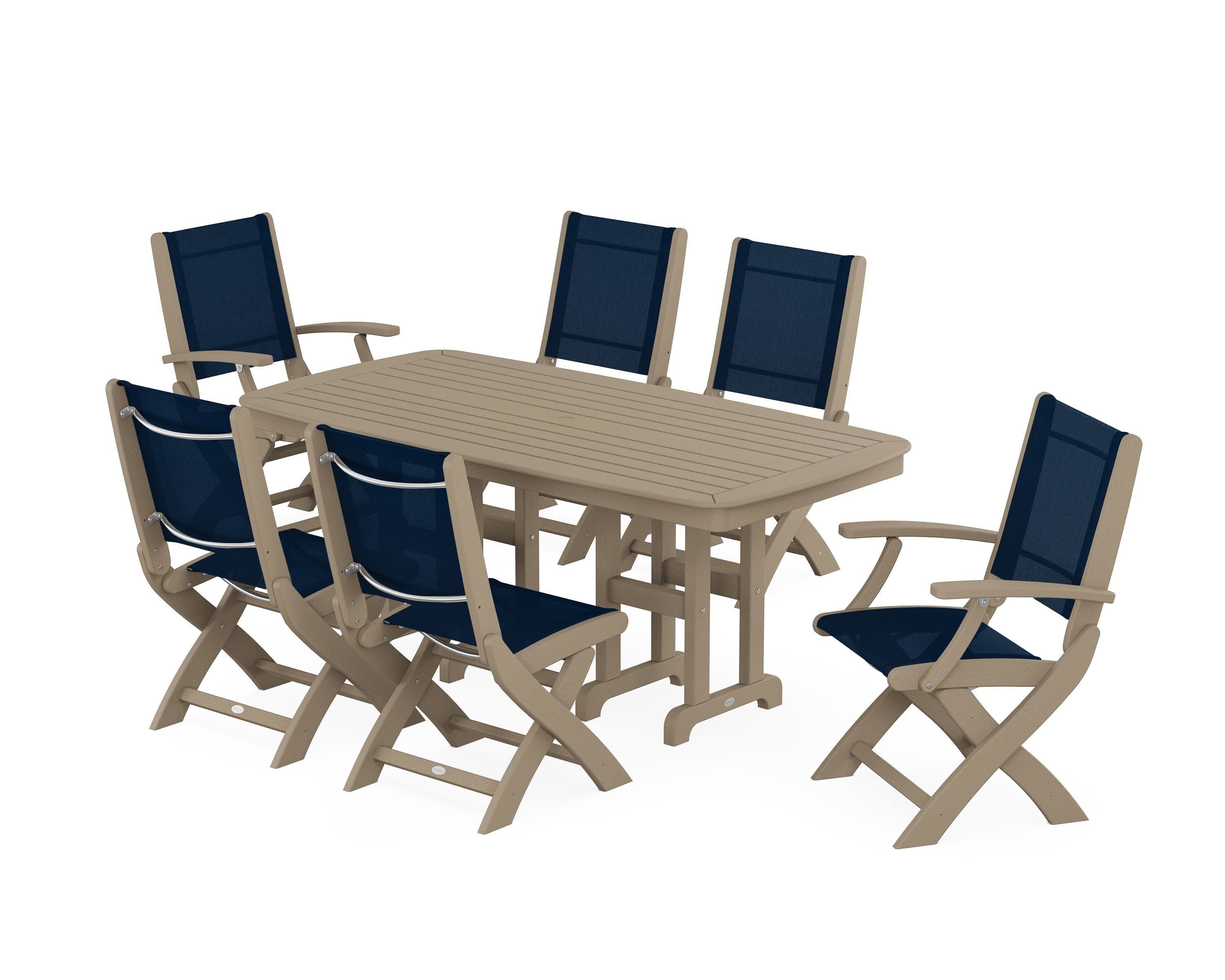 Coastal Folding Chair 7-Piece Dining Set in Vintage Sahara / Navy Blue Sling