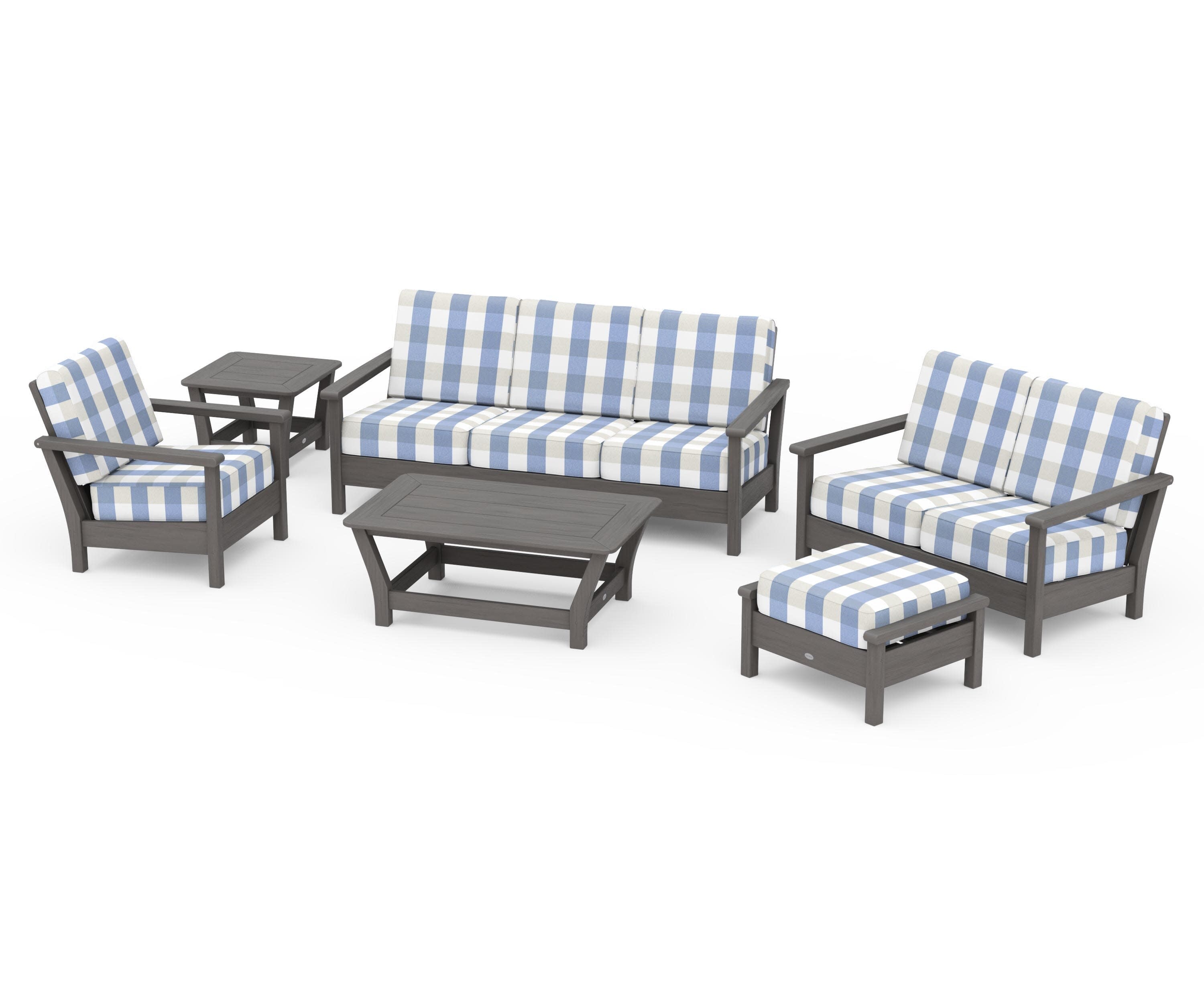 Harbour 6-Piece Outdoor Living Set in Driftwood / Buffalo Plaid Sky Blue