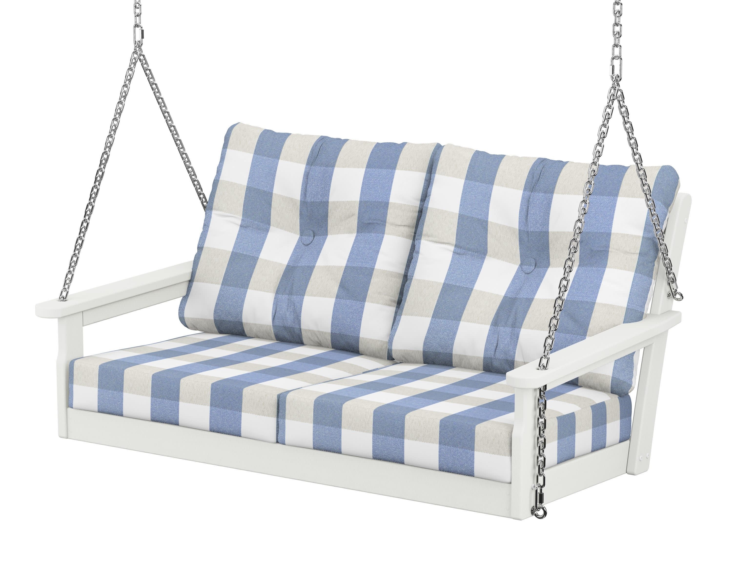 Vineyard Deep Seating Swing in Vintage White / Buffalo Plaid Sky Blue
