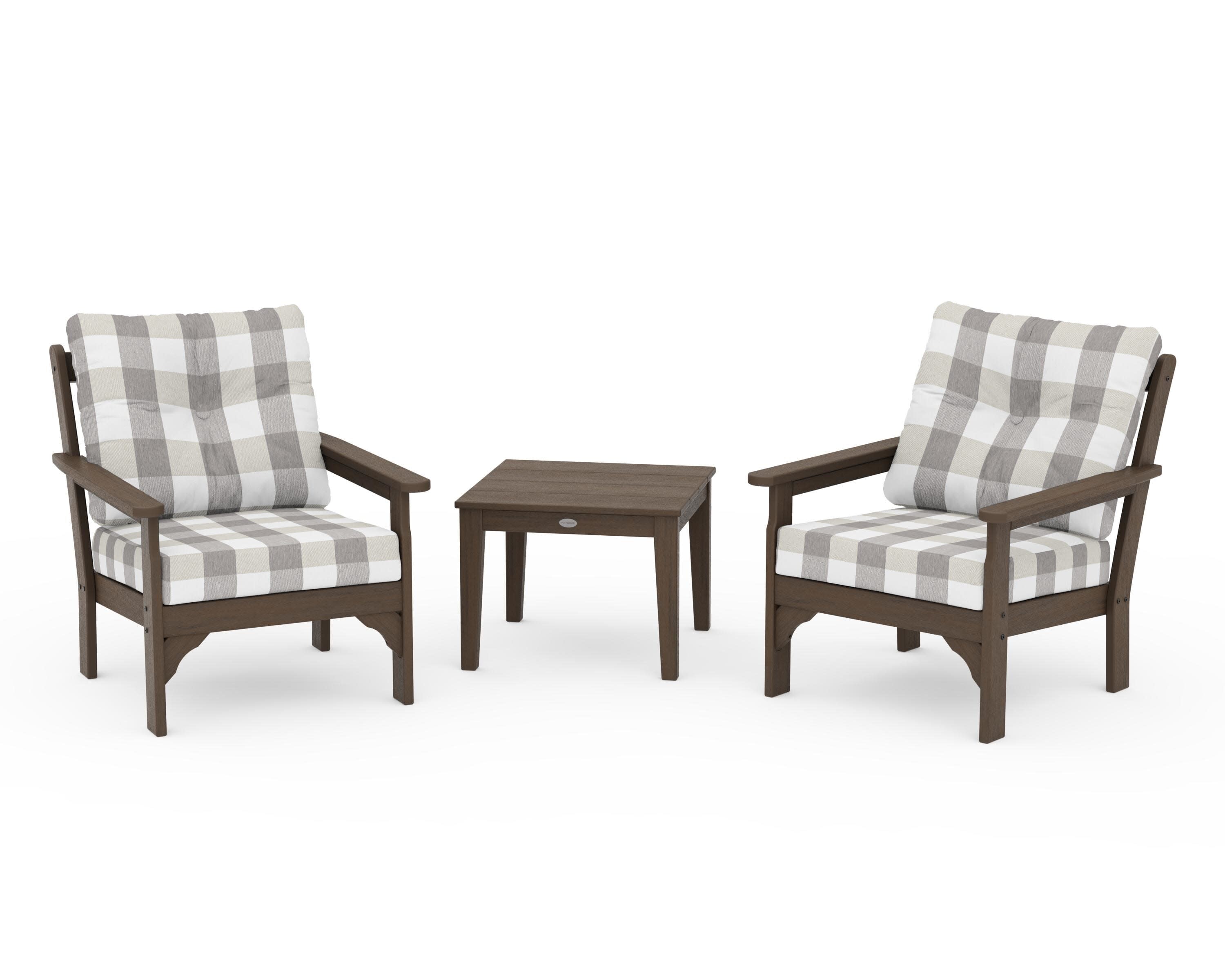 Vineyard 3-Piece Deep Seating Set in Kona / Buffalo Plaid Grey Mist