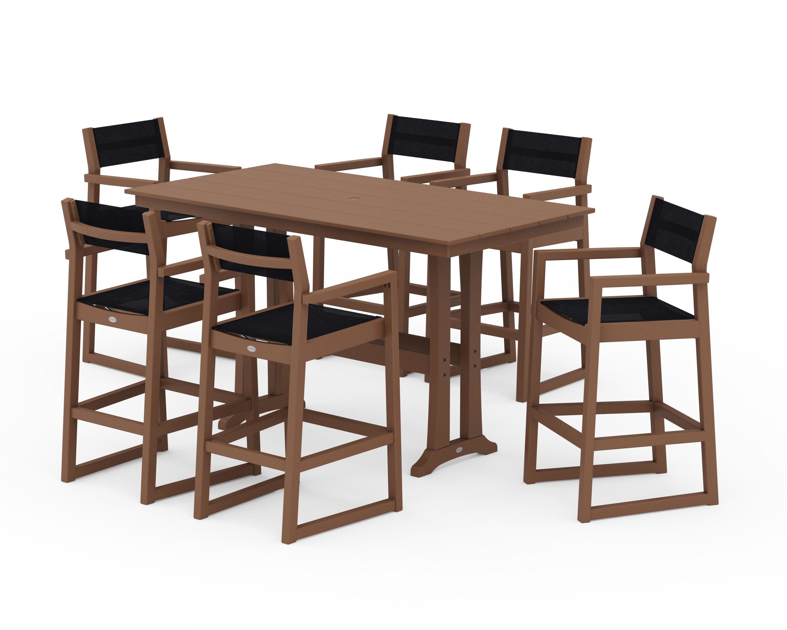 EDGE Sling Arm Chair 7-Piece Farmhouse Bar Set with Trestle Legs in Teak / Black Sling