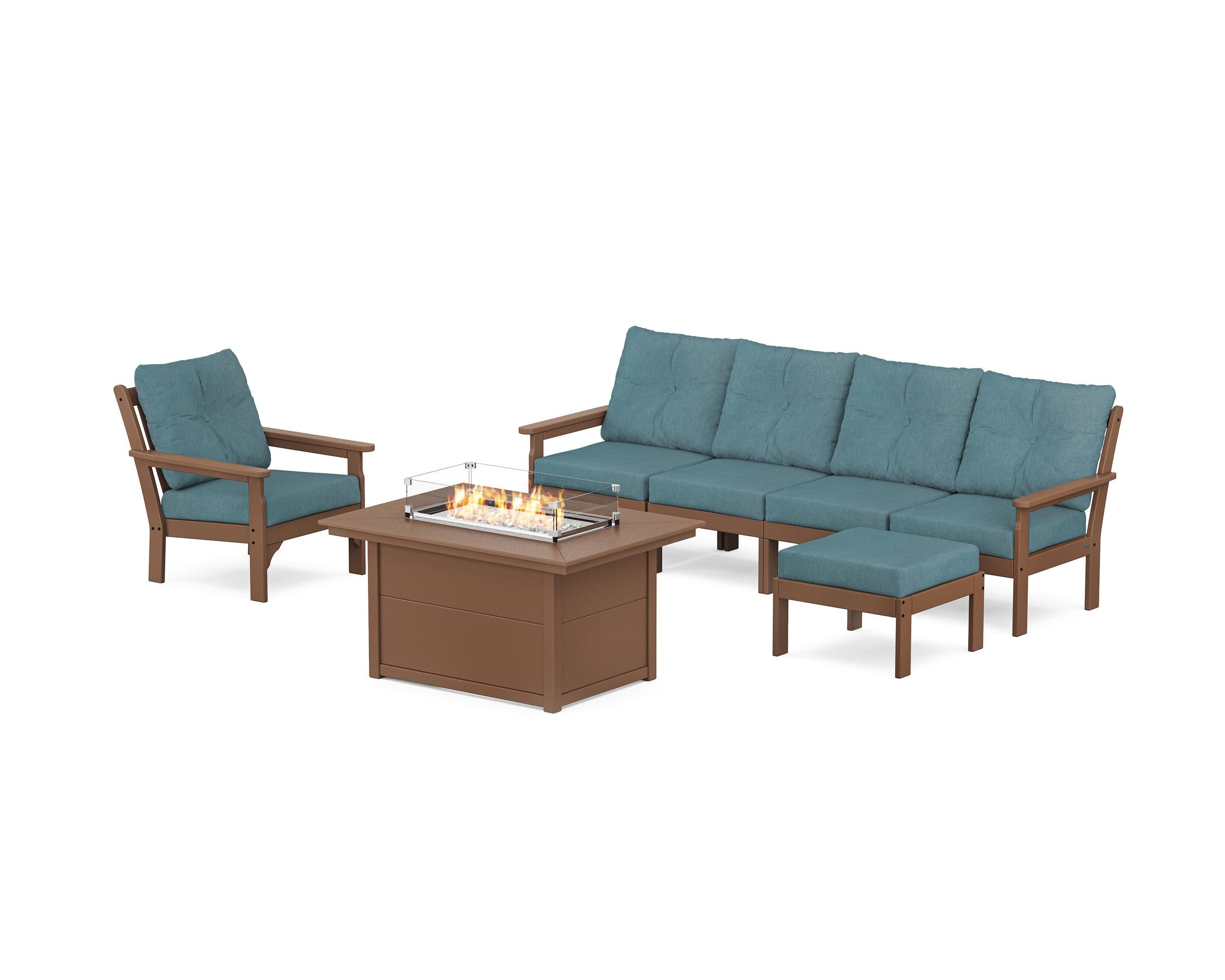 Vineyard Sectional Lounge and Fire Pit Set in Teak / Ocean Teal