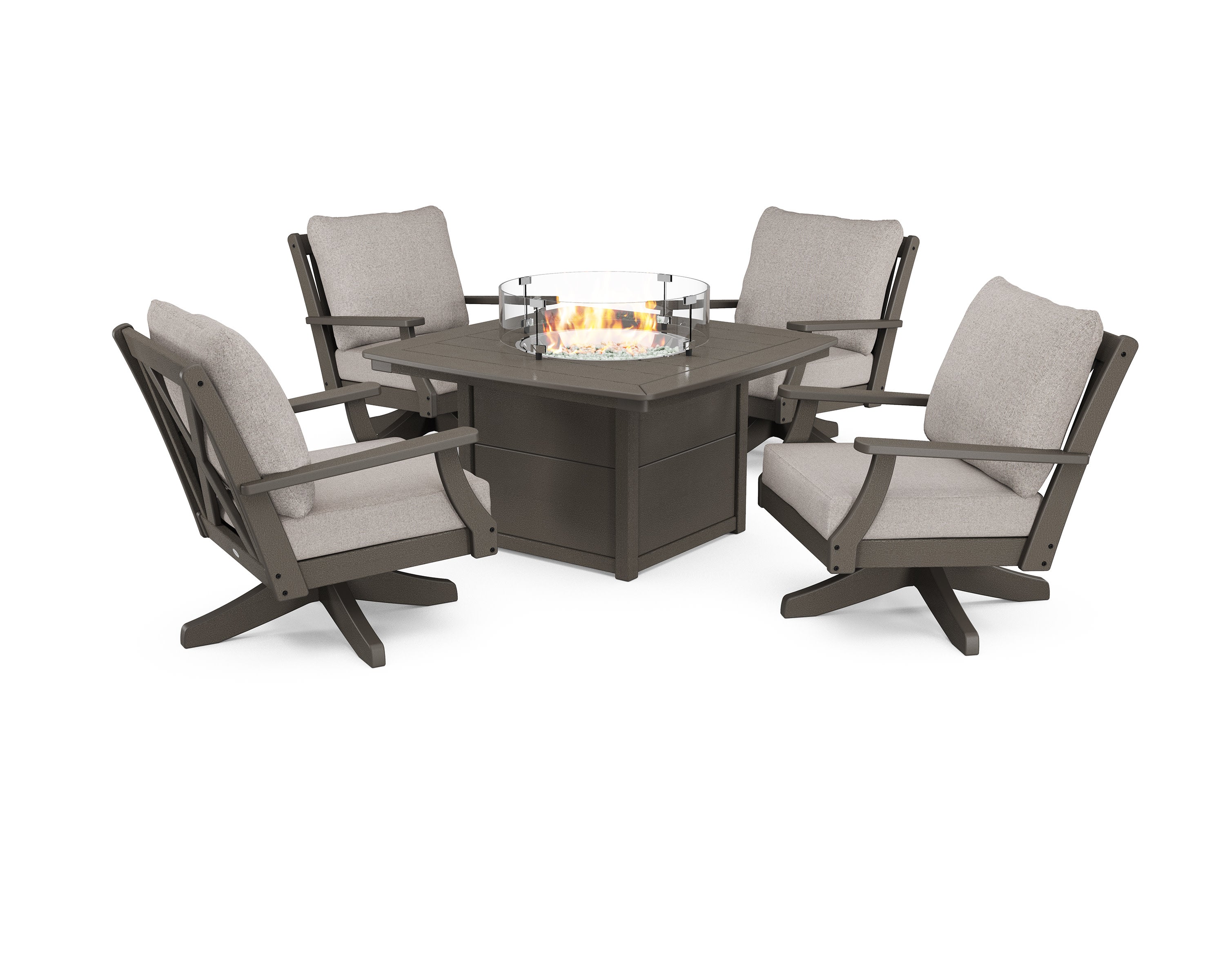 Braxton 5-Piece Deep Seating Swivel Conversation Set with Fire Pit Table in Vintage Coffee / Weathered Tweed
