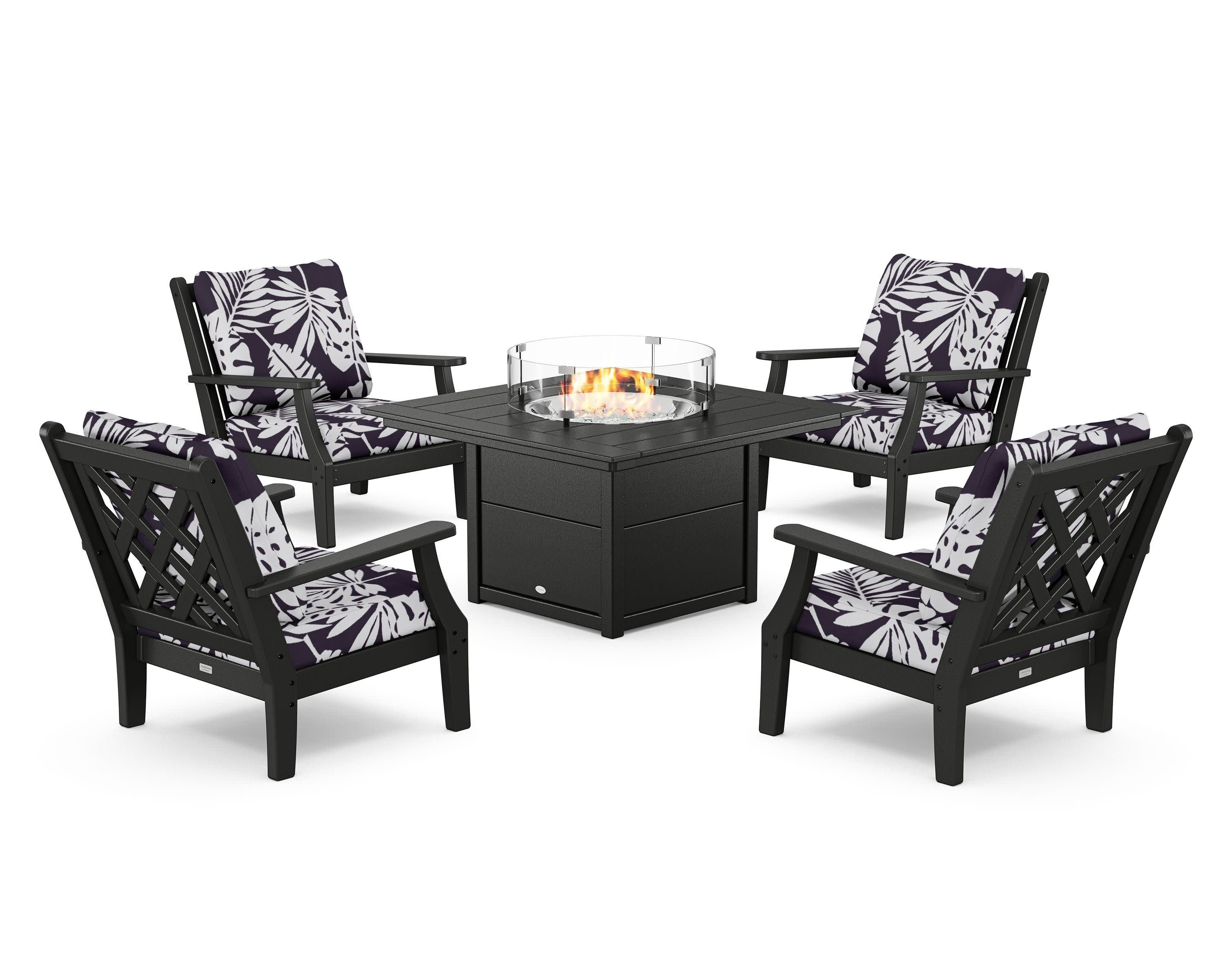 Wovendale 5-Piece Deep Seating Set with Fire Pit Table in Black / Leaf Navy