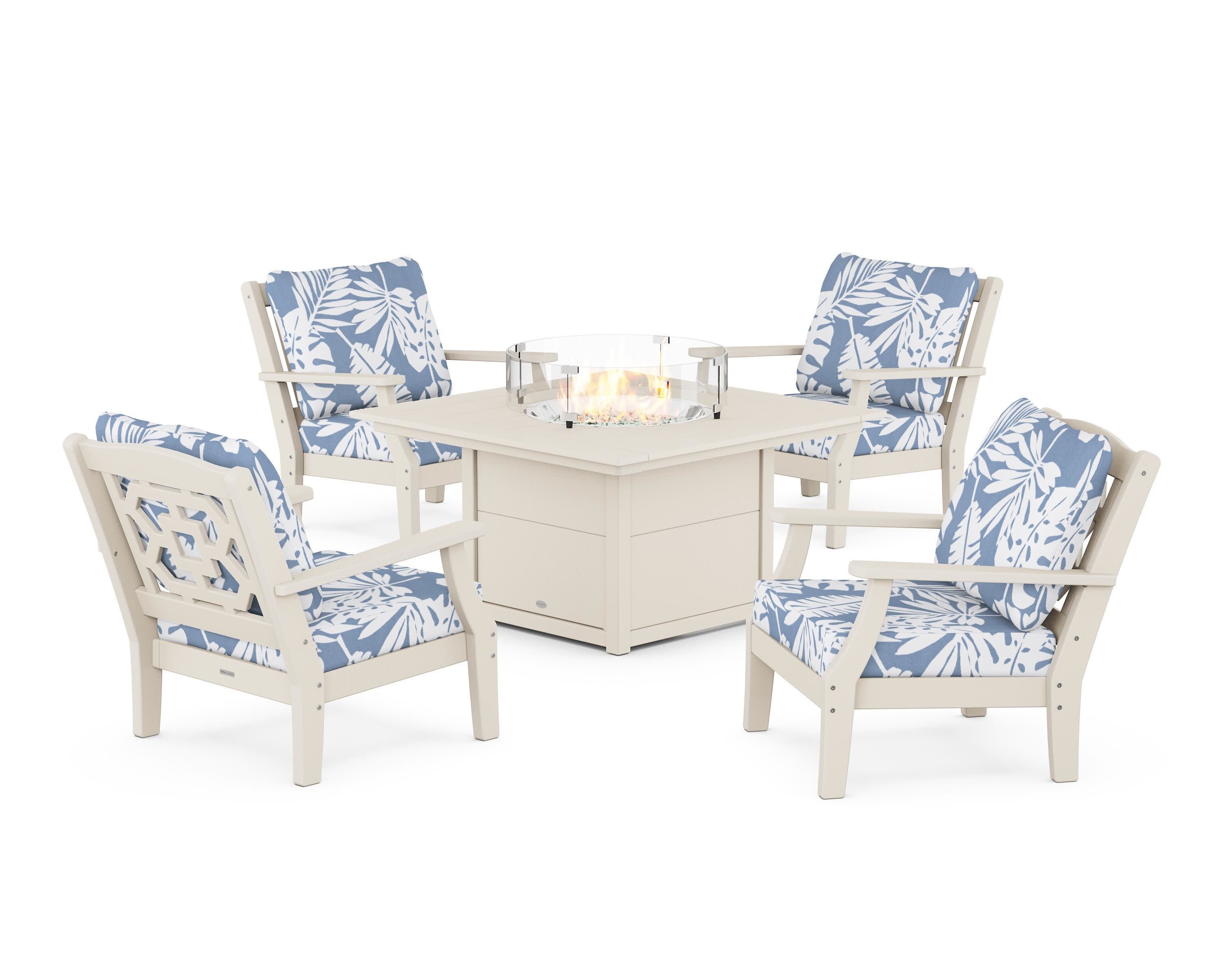 Chinoiserie 5-Piece Deep Seating Set with Fire Pit Table in Sand / Leaf Sky Blue