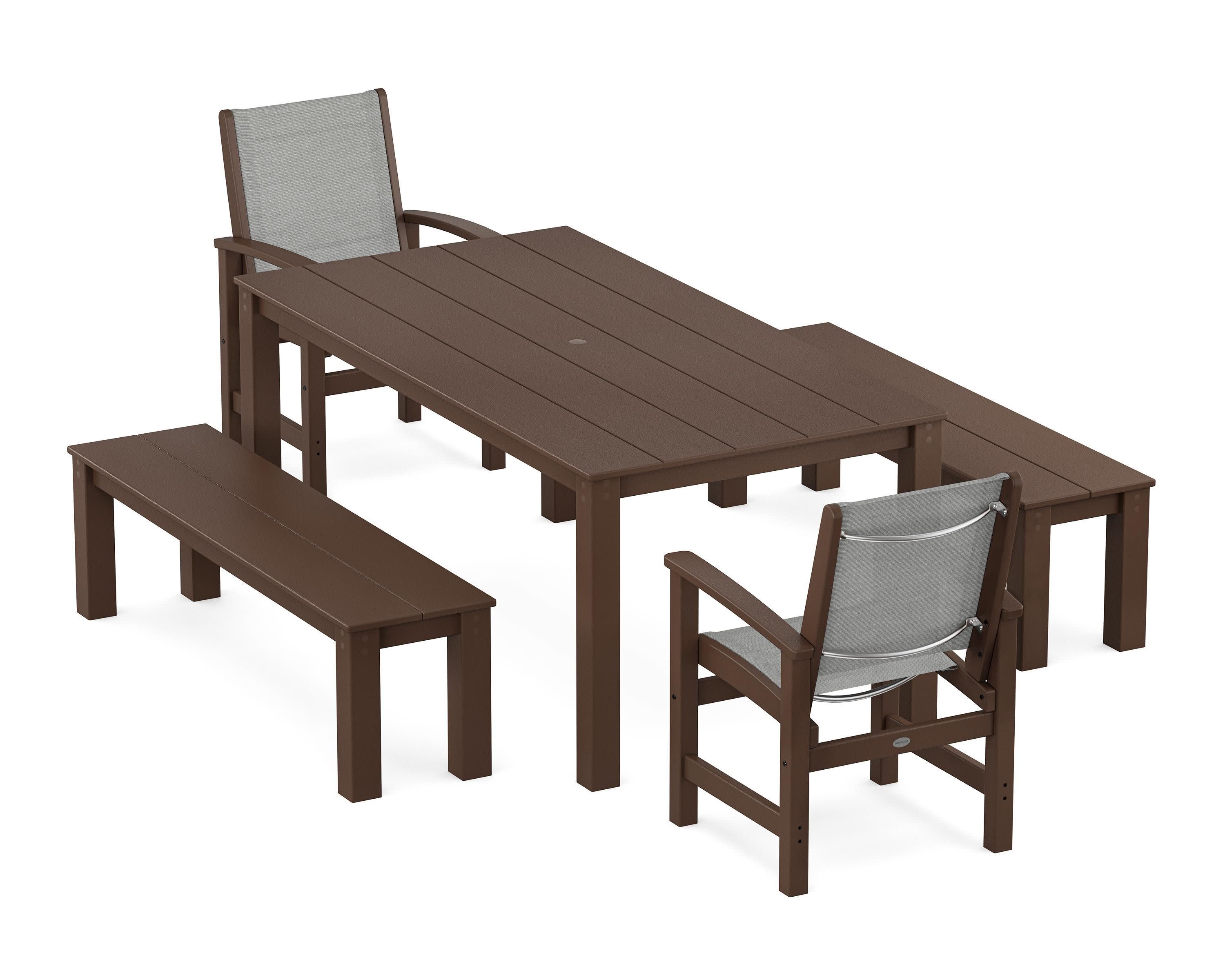 Coastal 5-Piece Parsons Dining Set with Benches in Mahogany / Metallic Sling