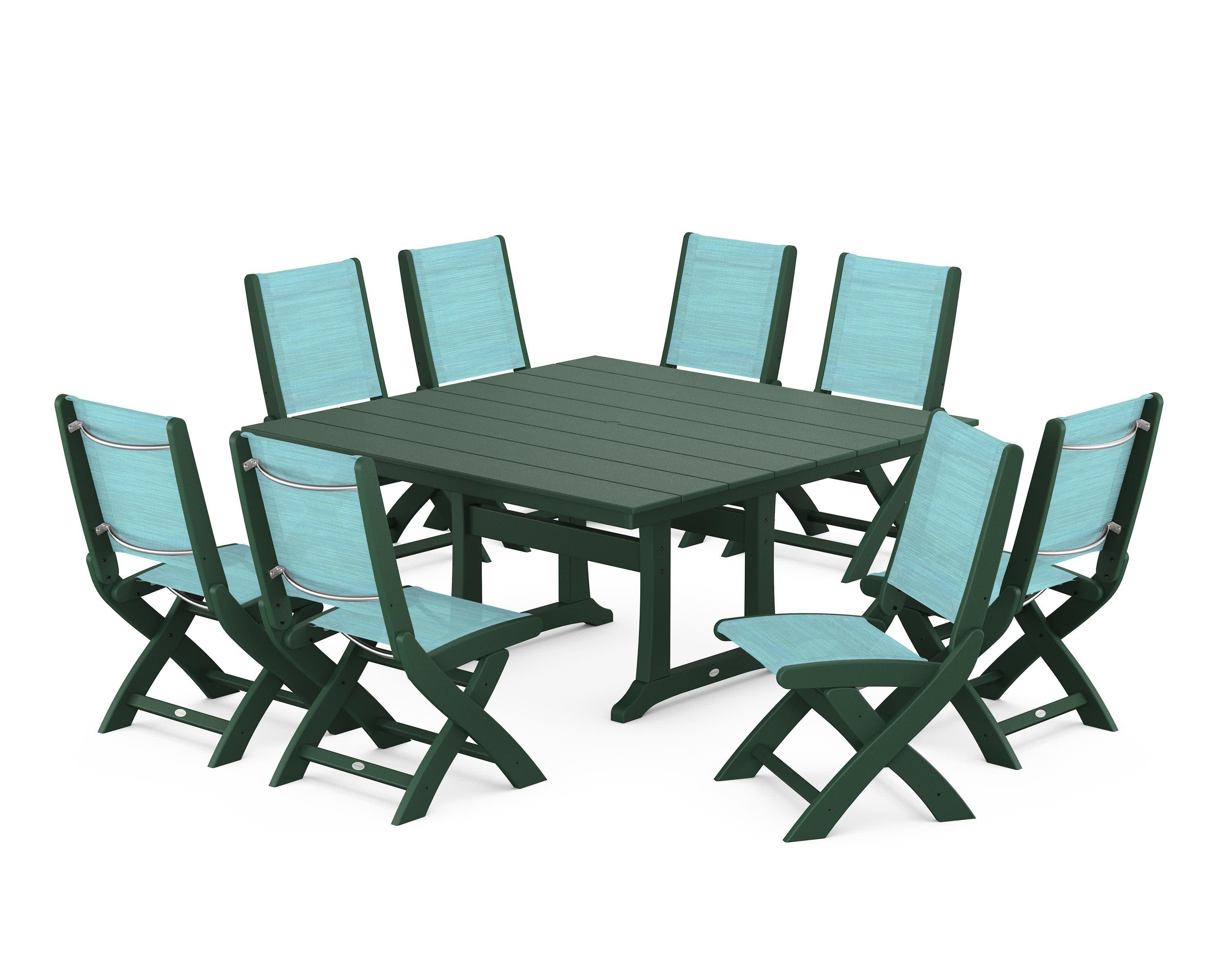 Coastal Folding Side Chair 9-Piece Farmhouse Dining Set in Green / Dupioni Aquamarine Sling