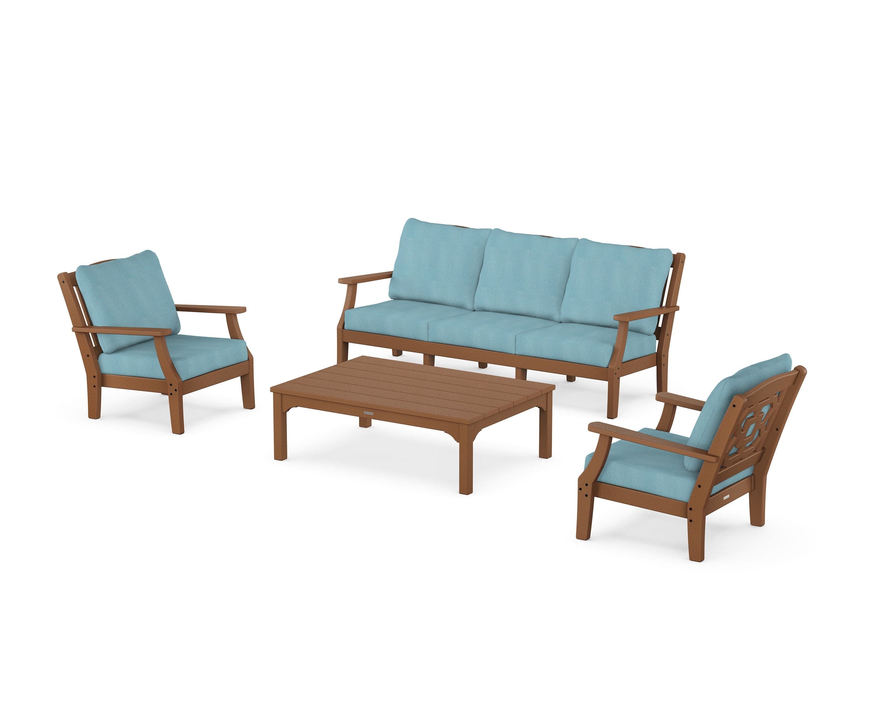 Chinoiserie 4-Piece Deep Seating Set with Sofa in Teak / Lattice Sky Blue