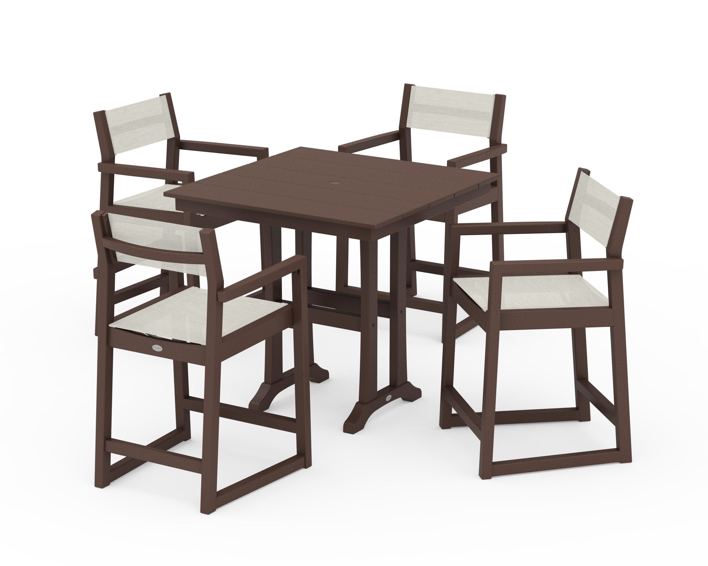 EDGE Sling Arm Chair 5-Piece Farmhouse Counter Set with Trestle Legs in Mahogany / Parchment Sling