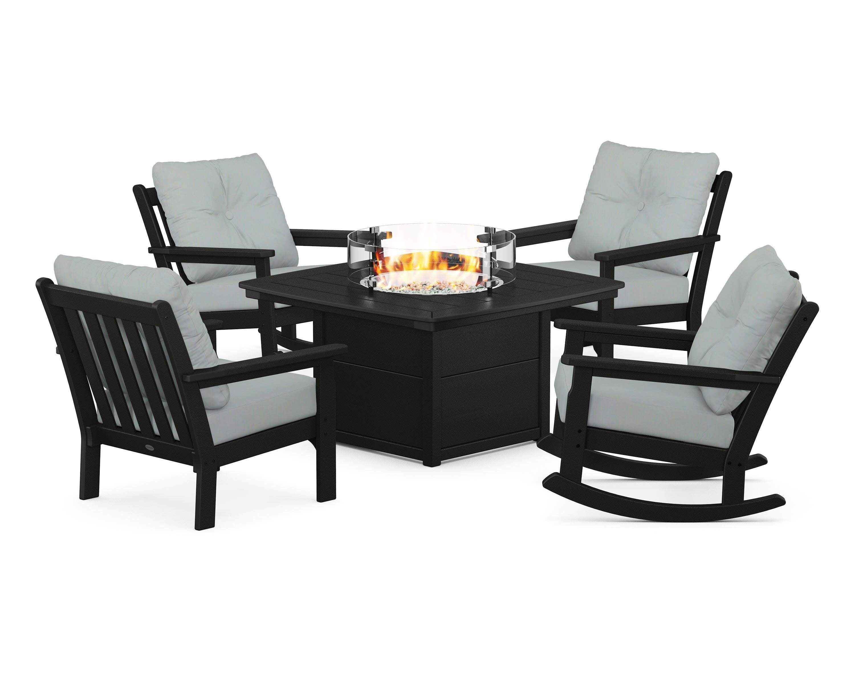 Vineyard 5-Piece Deep Seating Rocking Chair Conversation Set with Fire Pit Table in Black / Spa