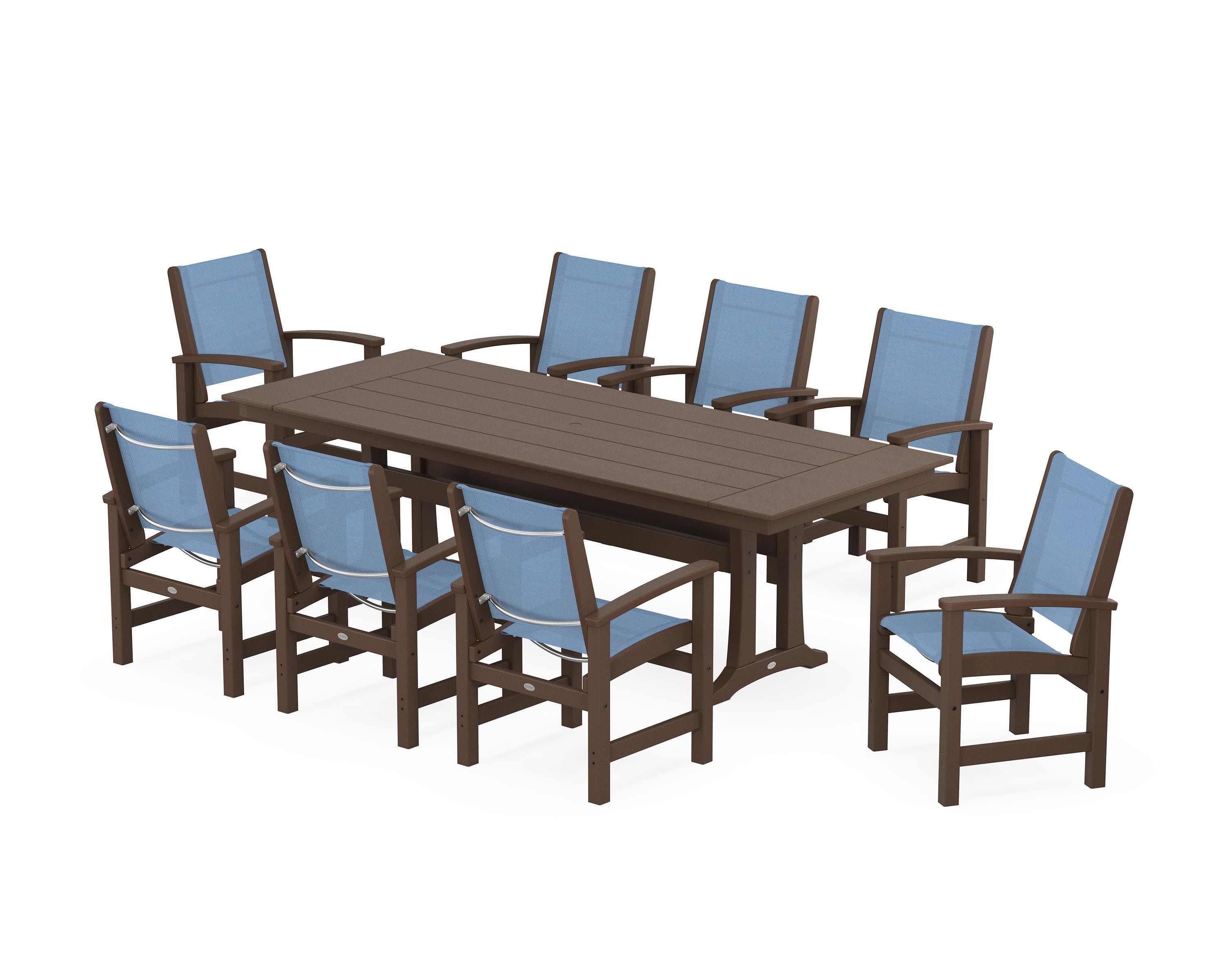 Coastal 9-Piece Farmhouse Dining Set with Trestle Legs in Mahogany / Poolside Sling