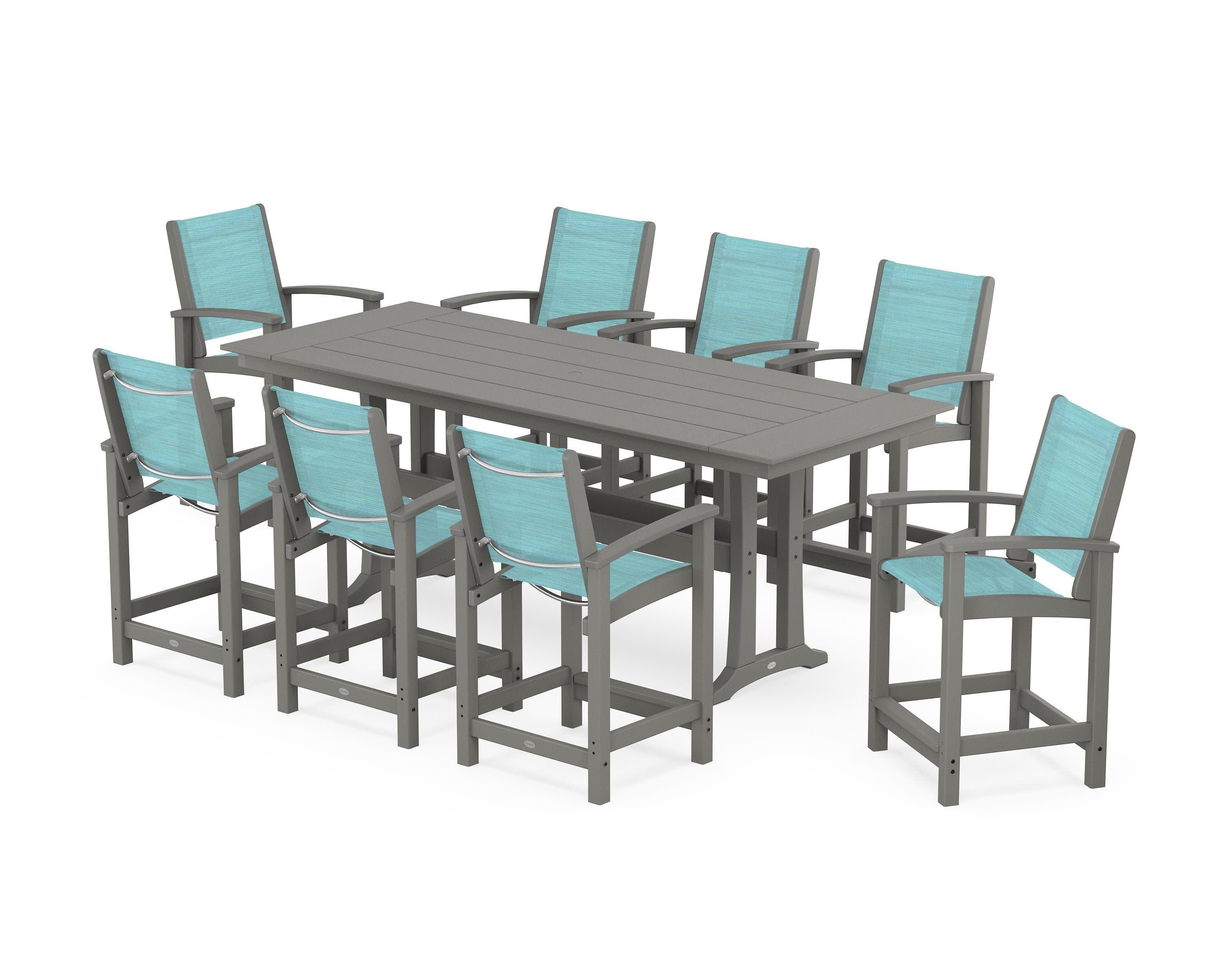 Coastal 9-Piece Farmhouse Counter Set with Trestle Legs in Slate Grey / Dupioni Aquamarine Sling
