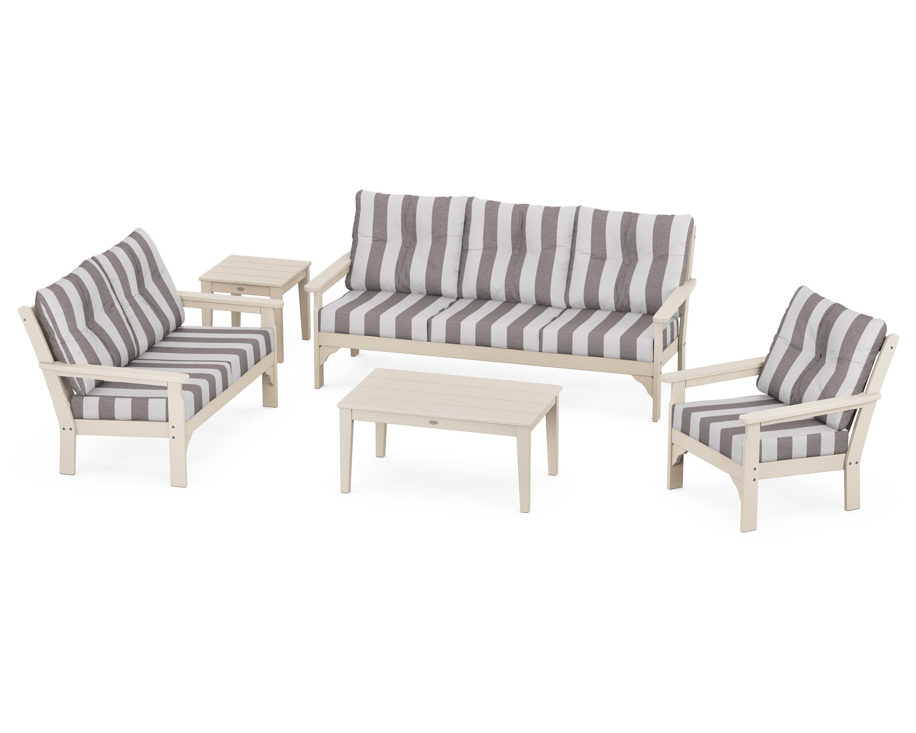 Vineyard 5 Piece Deep Seating Set in Sand / Cabana Stripe Grey Mist
