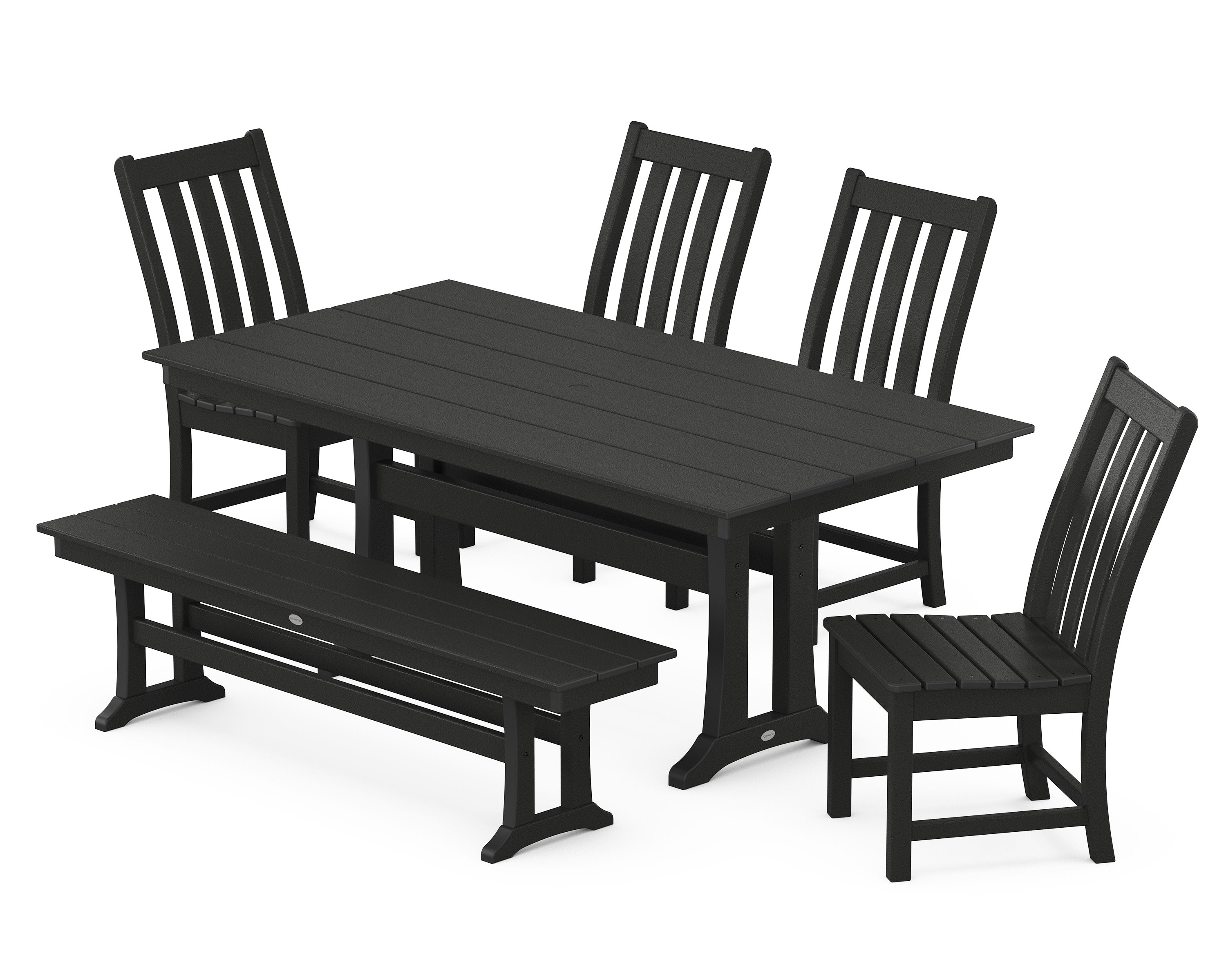 Vineyard Side Chair 6-Piece Farmhouse Dining Set with Trestle Legs and Bench in Black