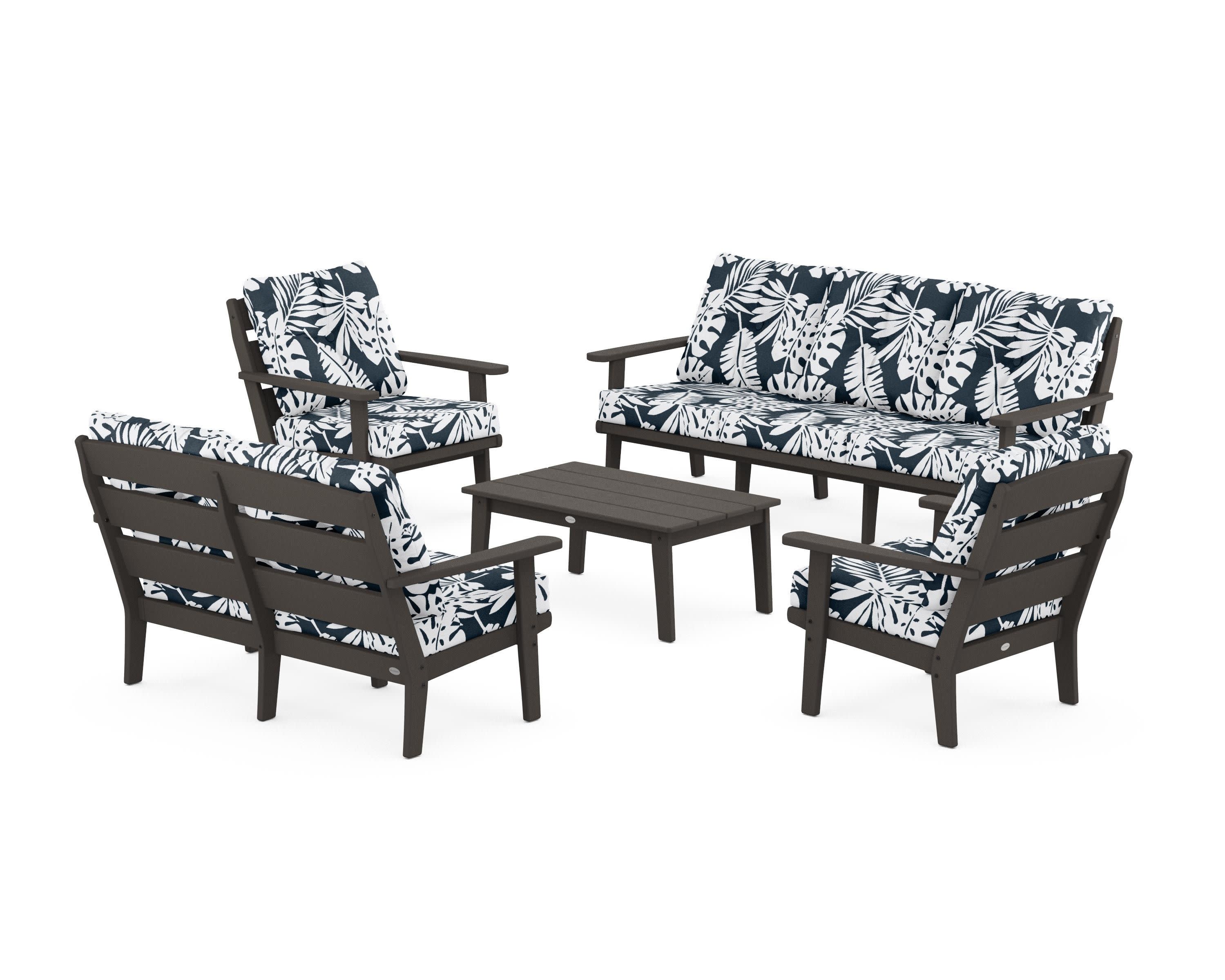 Lakeside 5-Piece Lounge Sofa Set in Vintage Coffee / Leaf Marine Indigo