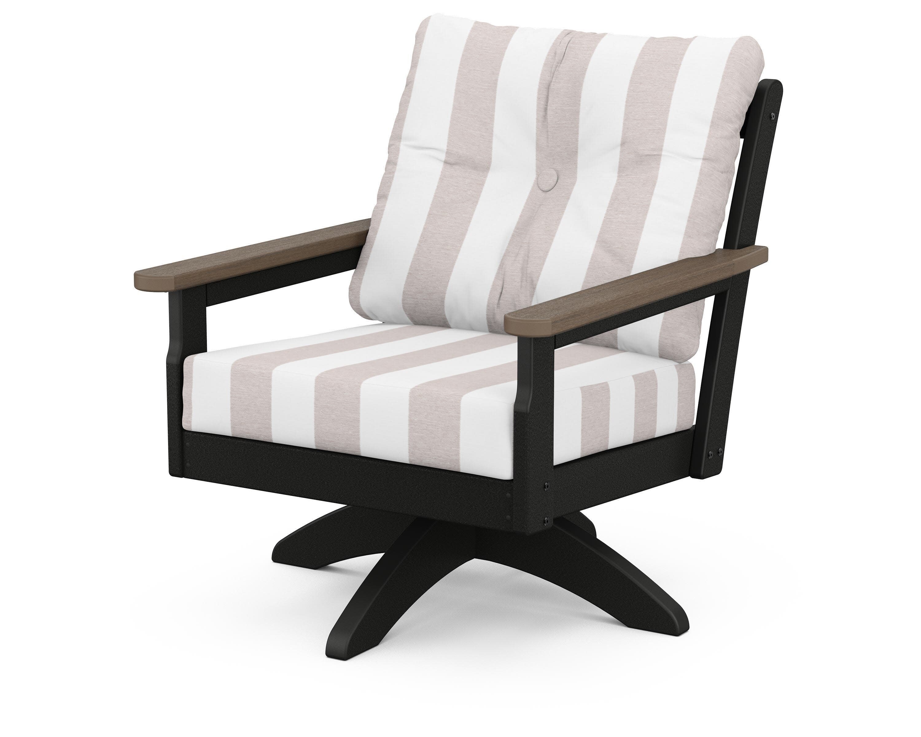 Vineyard Deep Seating Swivel Chair in Black / Kona / Cabana Stripe Dune Burlap