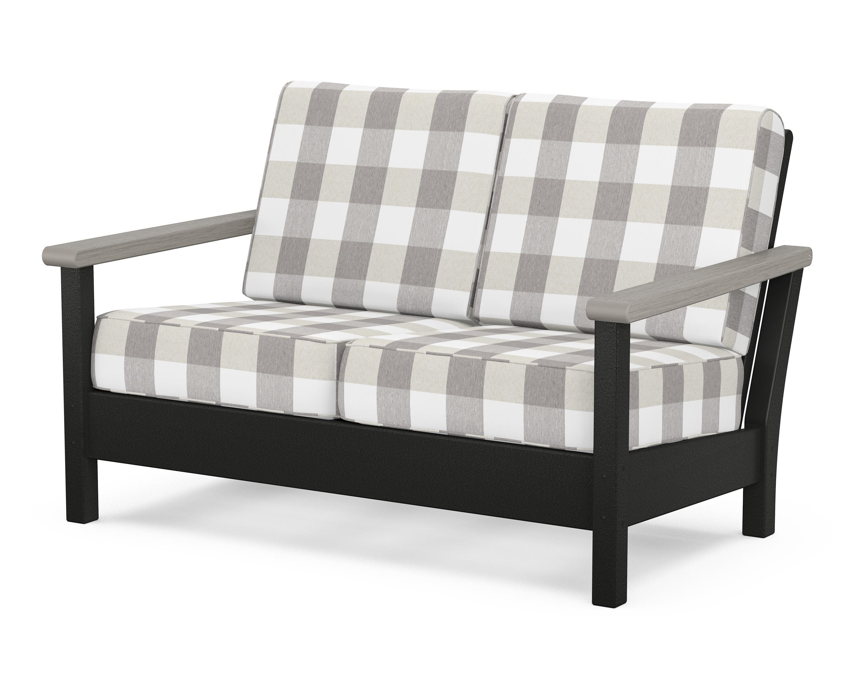 Harbour Deep Seating Loveseat in Black / Driftwood / Buffalo Plaid Grey Mist